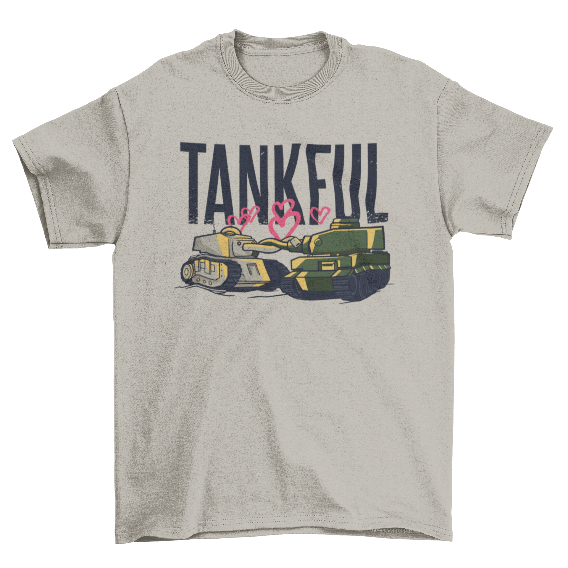 Tankful t-shirt featuring an army tank design with hearts, showcasing a playful and unique style.