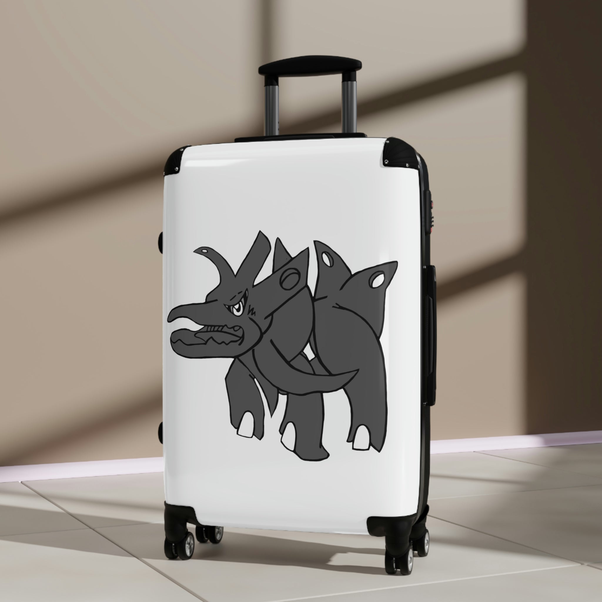 Tanktron Cabin Suitcase featuring a personalized design, lightweight polycarbonate front, and ABS back, with adjustable handle and 360° swivel wheels.