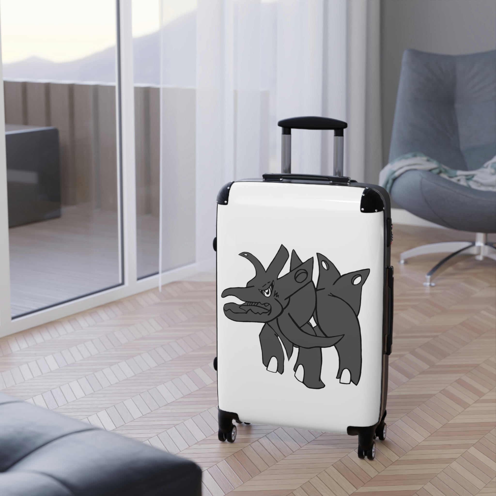 Tanktron Cabin Suitcase featuring a personalized design, lightweight polycarbonate front, and ABS back, with adjustable handle and 360° swivel wheels.