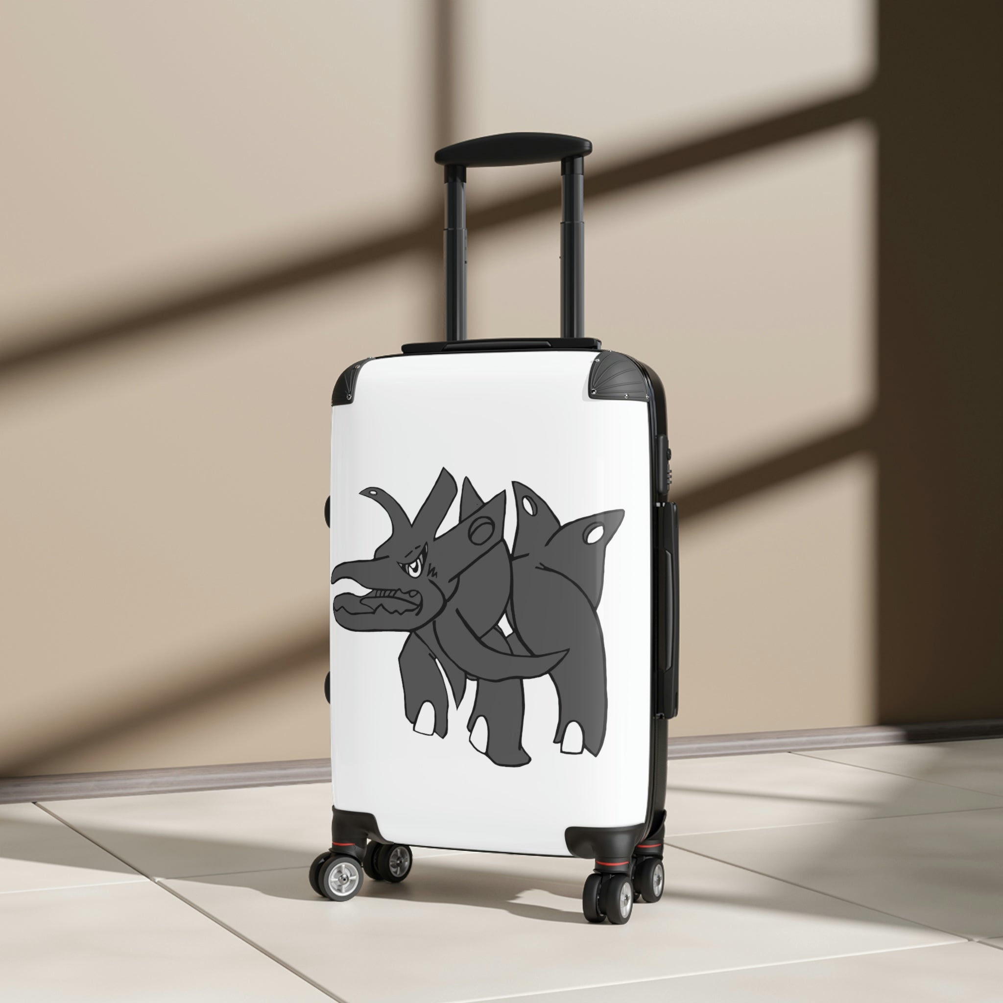 Tanktron Cabin Suitcase featuring a personalized design, lightweight polycarbonate front, and ABS back, with adjustable handle and 360° swivel wheels.