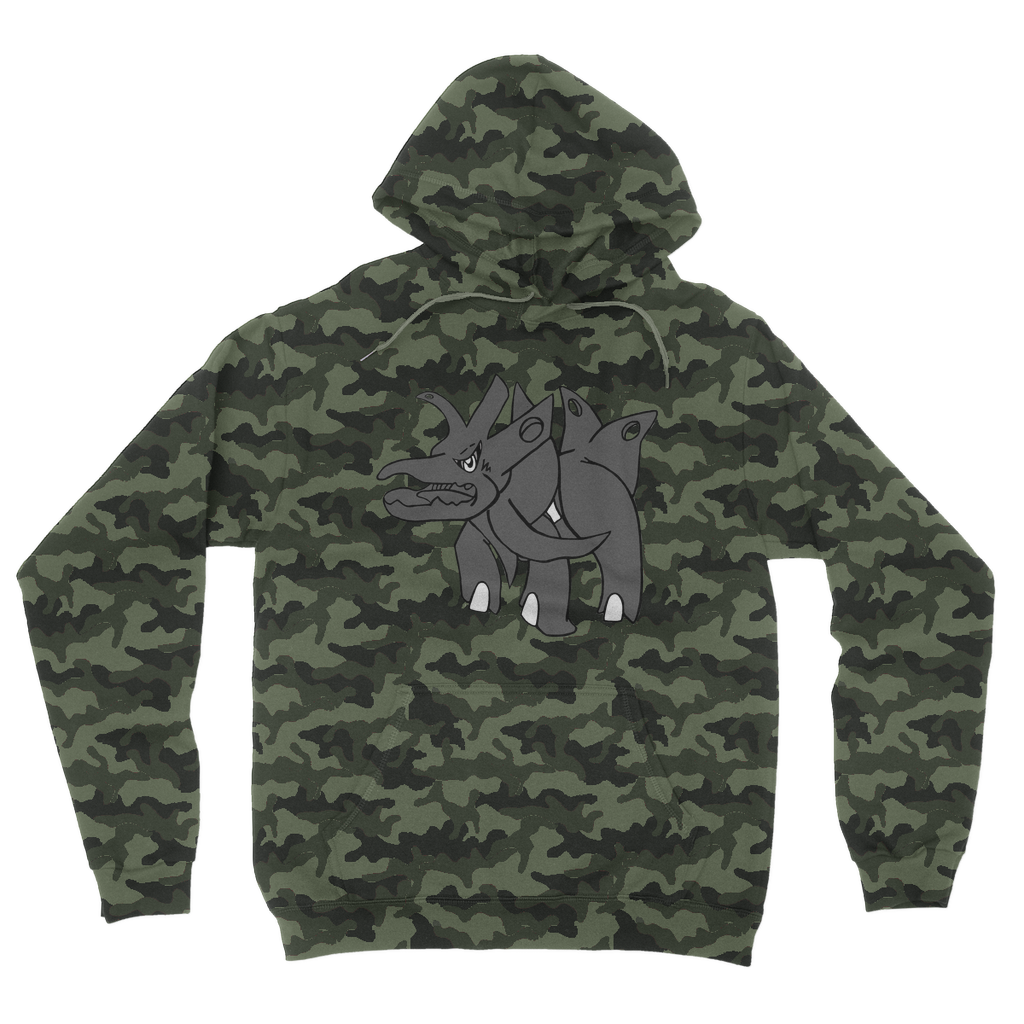 Tanktron Camouflage Adult Hoodie featuring a classic all-over camo print, double fabric hood, and kangaroo pouch pocket.