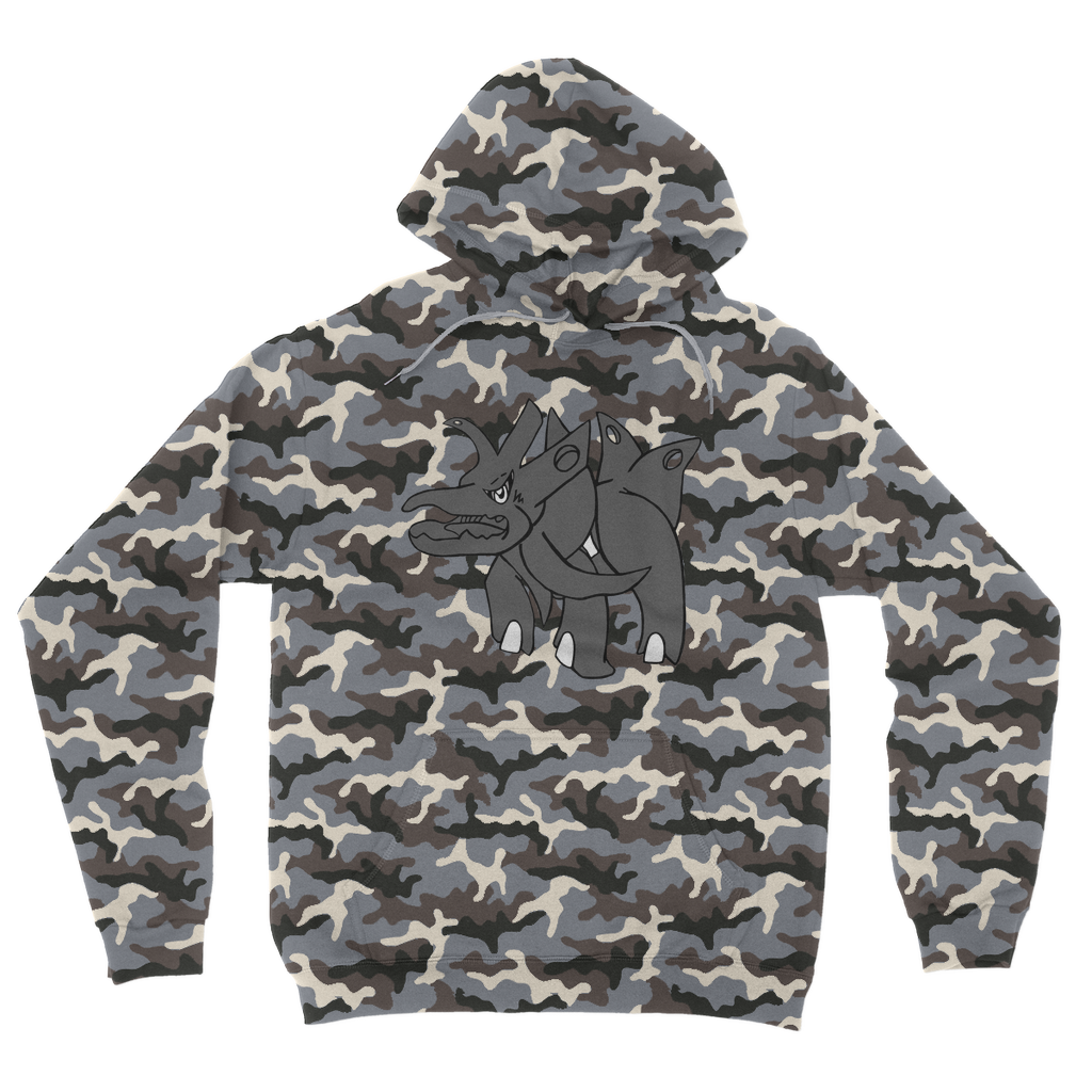 Tanktron Camouflage Adult Hoodie featuring a classic all-over camo print, double fabric hood, and kangaroo pouch pocket.