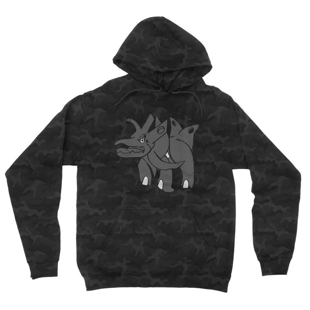 Tanktron Camouflage Adult Hoodie featuring a classic all-over camo print, double fabric hood, and kangaroo pouch pocket.