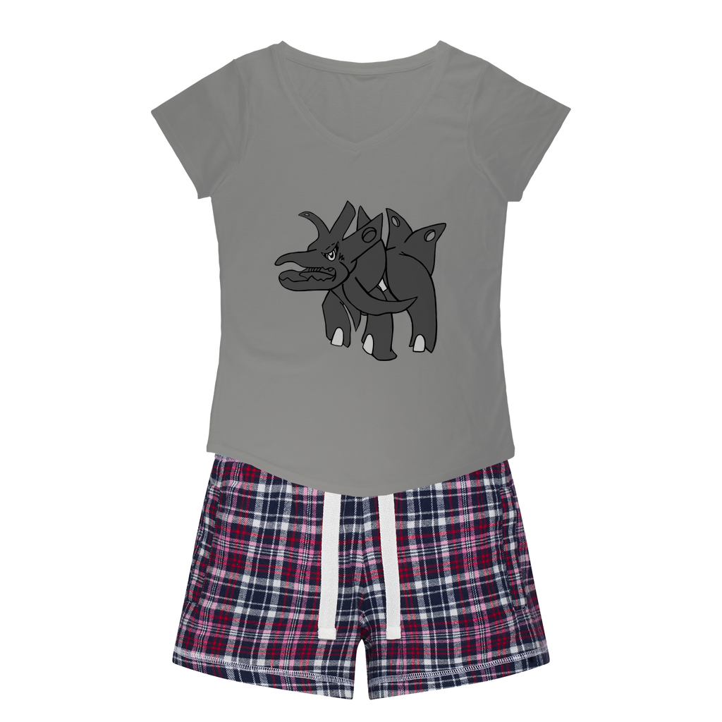 Tanktron Women's Sleepy Tee and Flannel Short set featuring a relaxed fit T-shirt and colorful flannel shorts, perfect for lounging and sleeping.