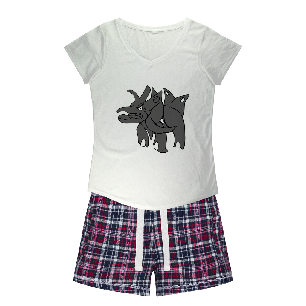 Tanktron Women's Sleepy Tee and Flannel Short set featuring a relaxed fit T-shirt and colorful flannel shorts, perfect for lounging and sleeping.