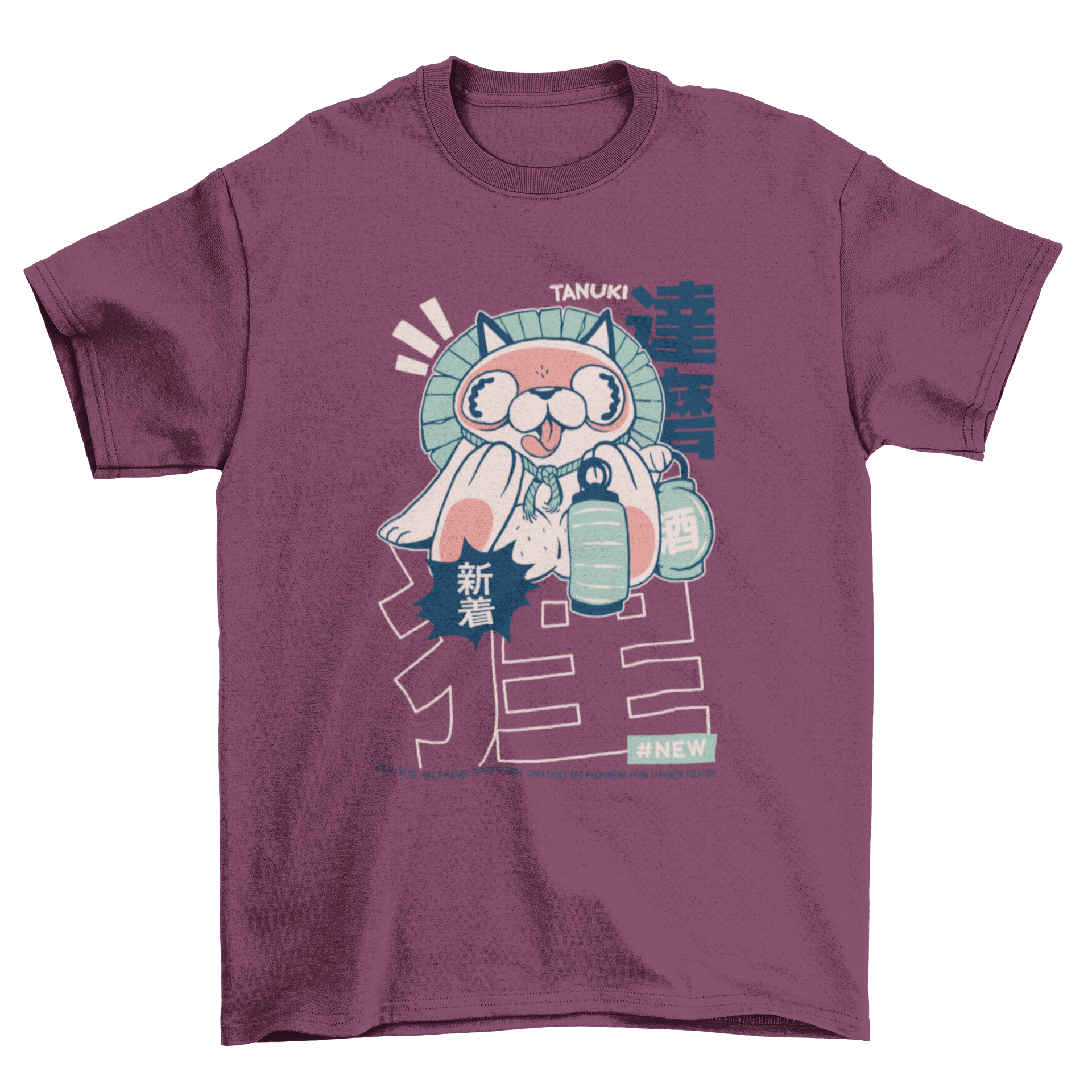 Tanuki Japanese yokai t-shirt design featuring a playful shapeshifting character illustration.