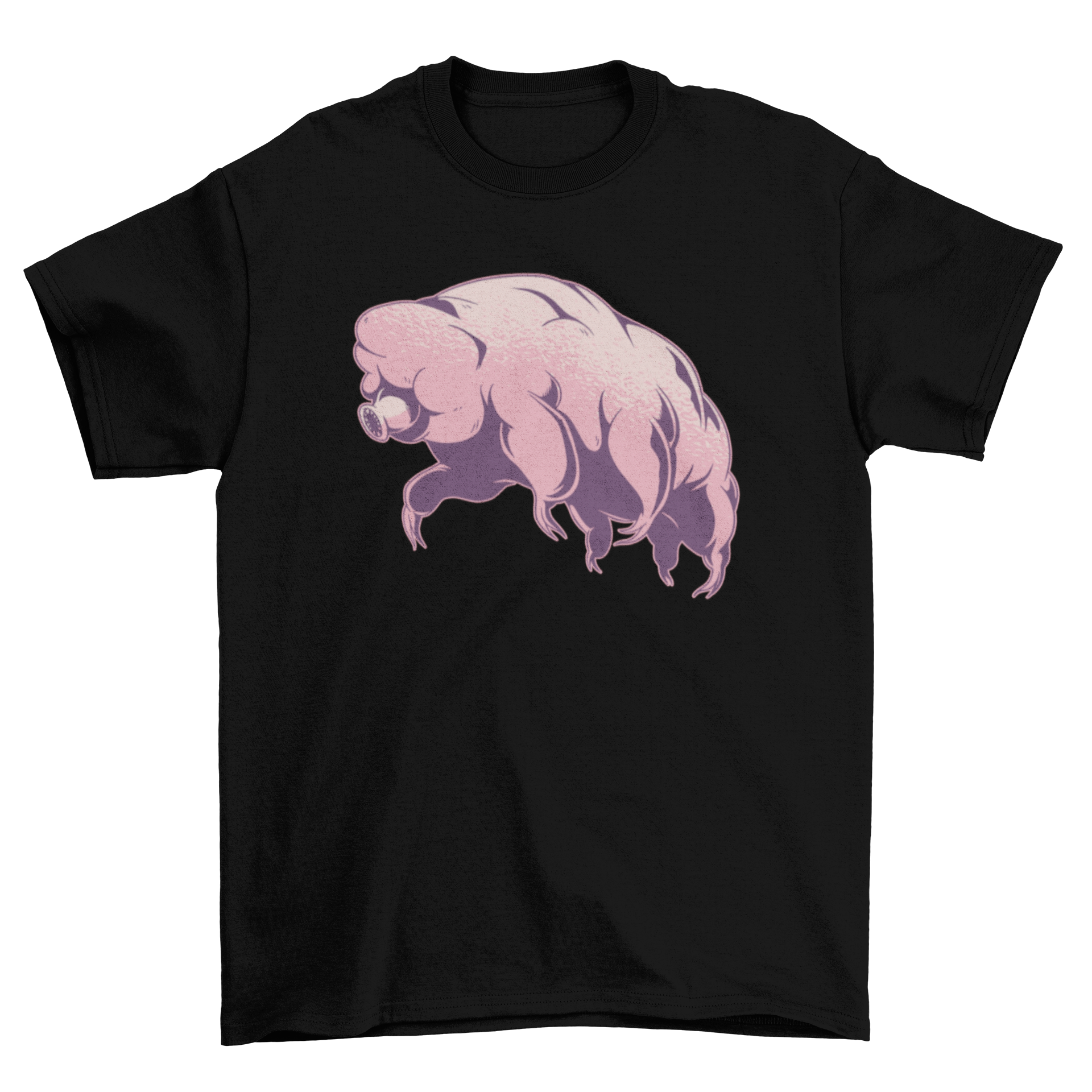 A vibrant pink T-shirt featuring a detailed illustration of a tardigrade, also known as a water bear, showcasing its unique features.