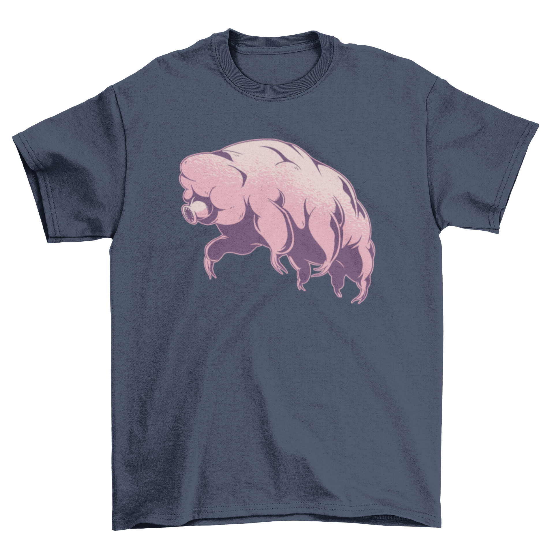 A vibrant pink T-shirt featuring a detailed illustration of a tardigrade, also known as a water bear, showcasing its unique features.