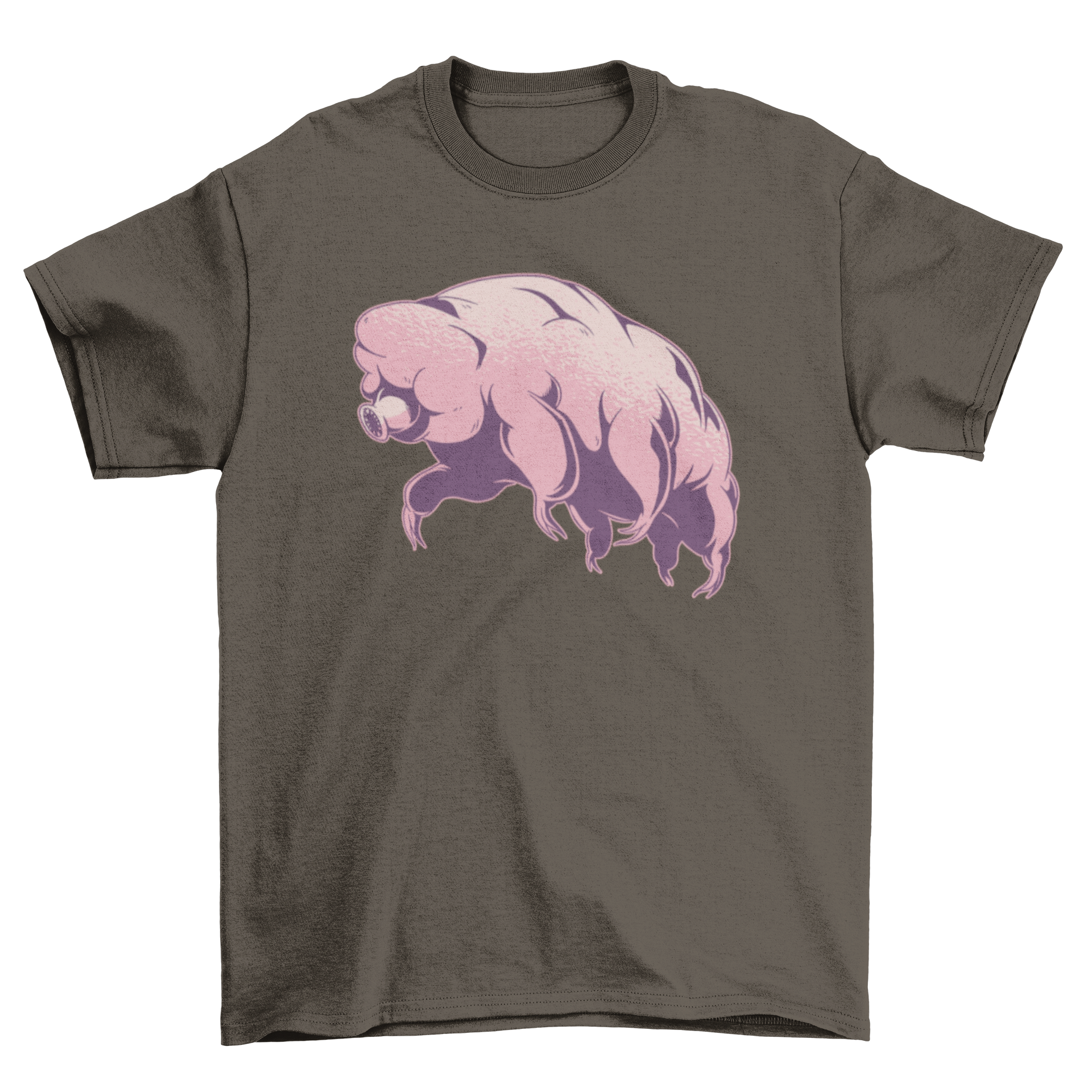 A vibrant pink T-shirt featuring a detailed illustration of a tardigrade, also known as a water bear, showcasing its unique features.