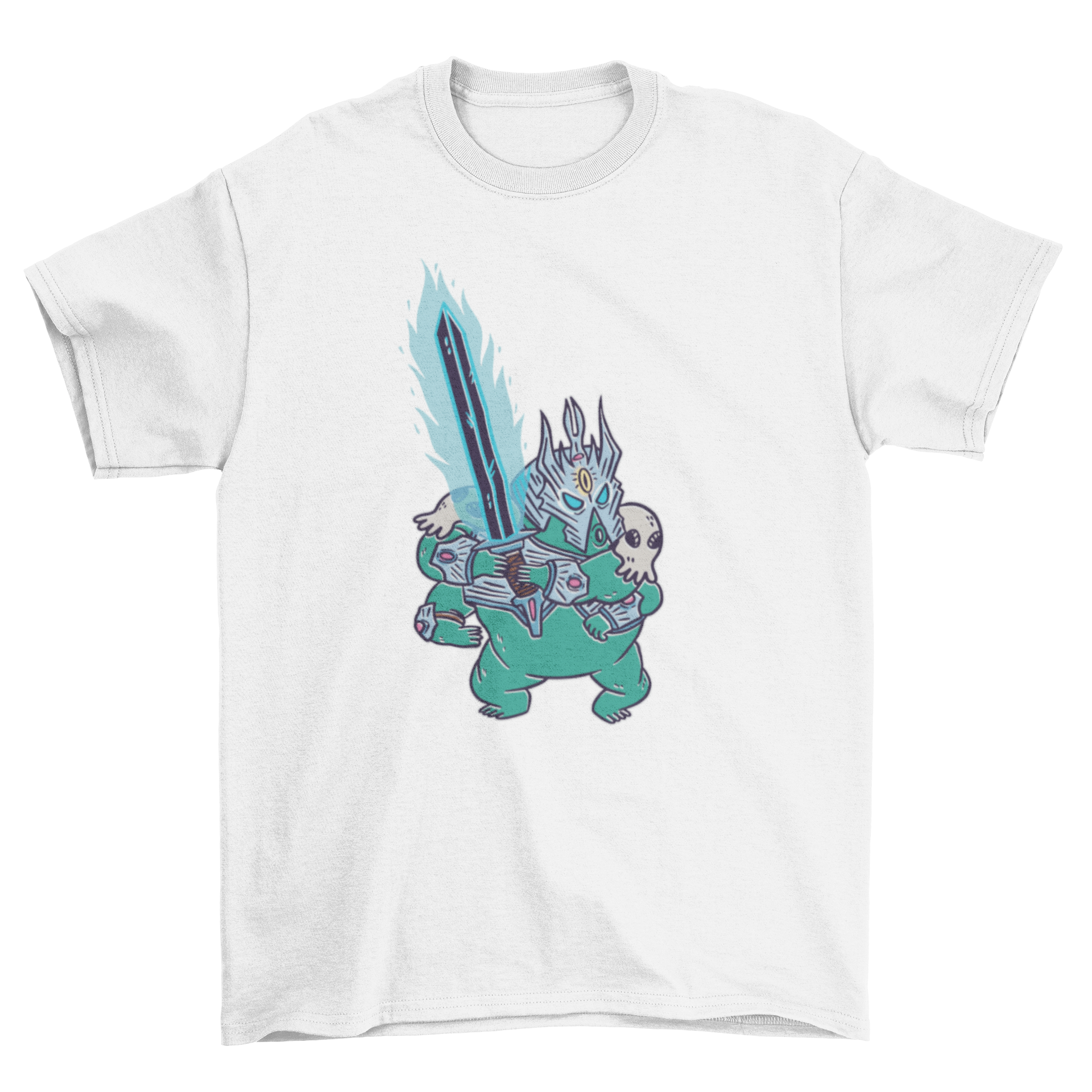 Tardigrade warrior t-shirt featuring a detailed illustration of a warrior tardigrade with a magic sword.