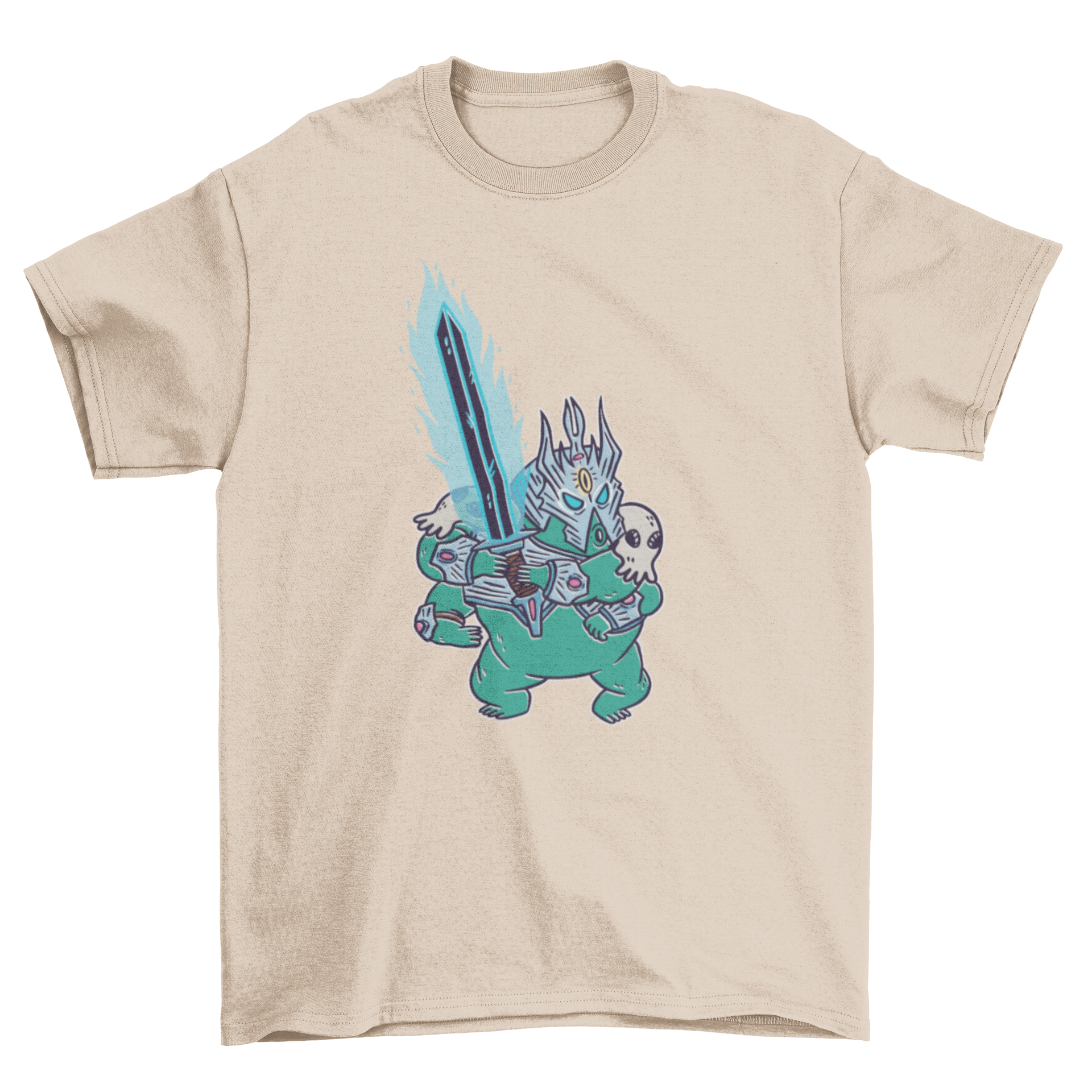 Tardigrade warrior t-shirt featuring a detailed illustration of a warrior tardigrade with a magic sword.