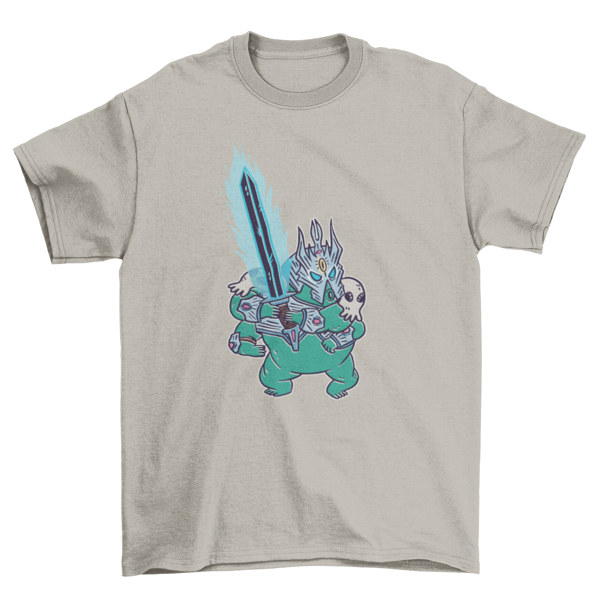 Tardigrade warrior t-shirt featuring a detailed illustration of a warrior tardigrade with a magic sword.