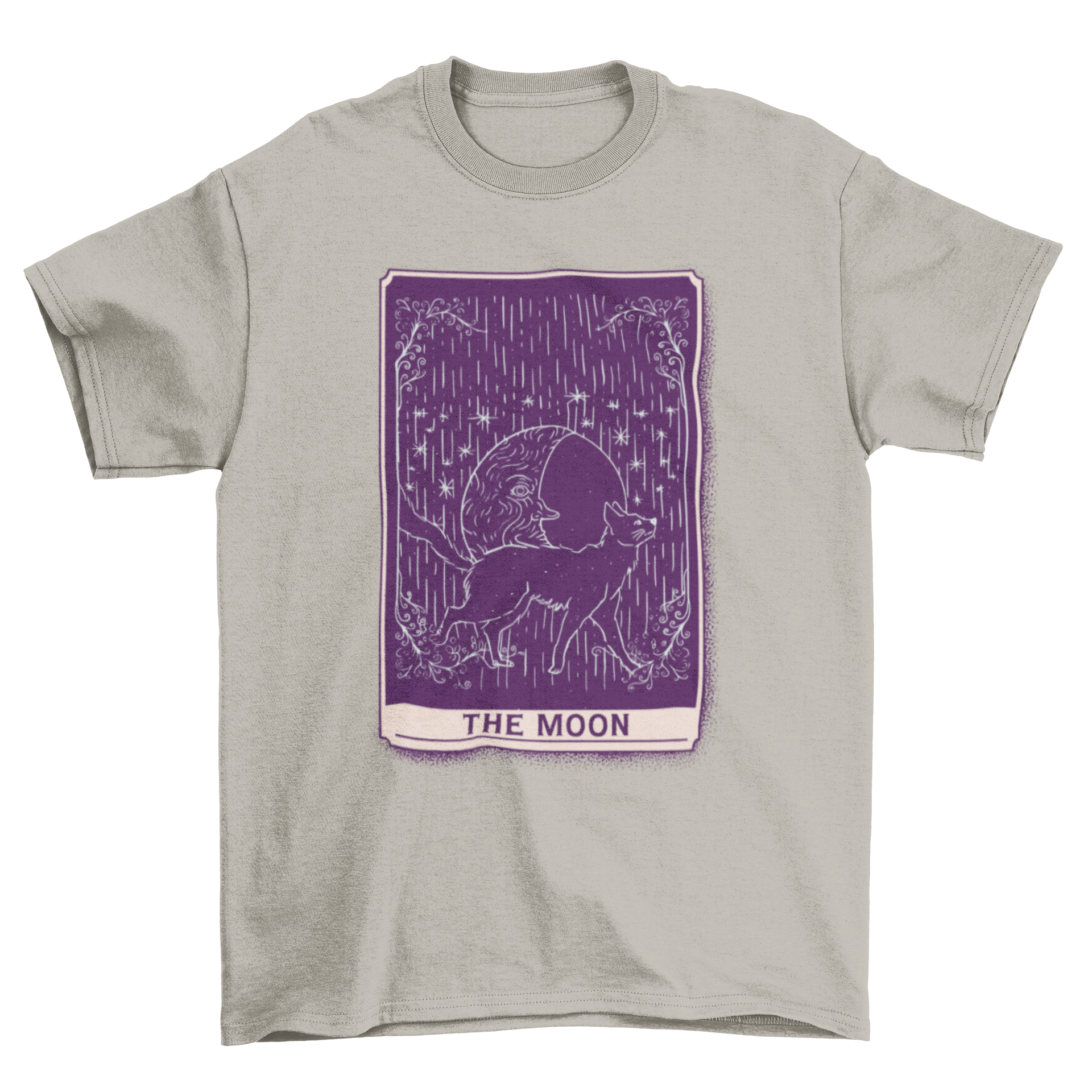 A stylish t-shirt featuring a hand-drawn cat in front of a crescent moon, inspired by tarot card designs.