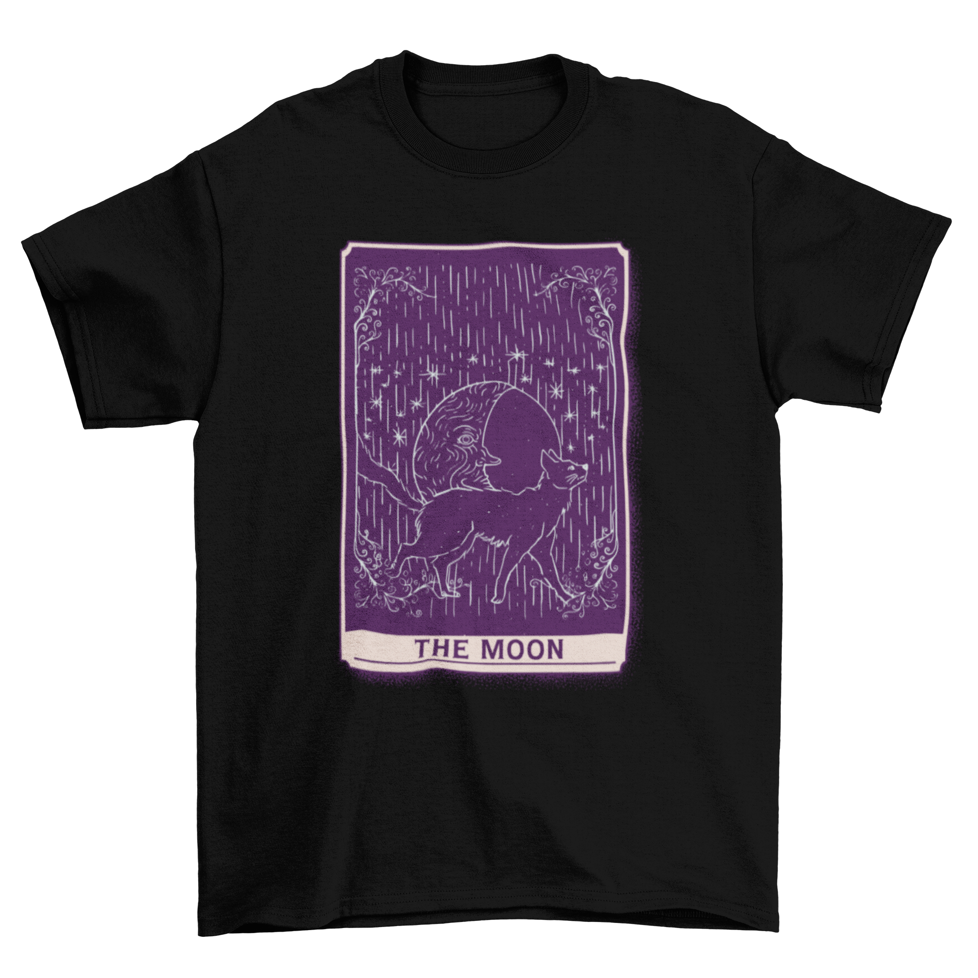 A stylish t-shirt featuring a hand-drawn cat in front of a crescent moon, inspired by tarot card designs.