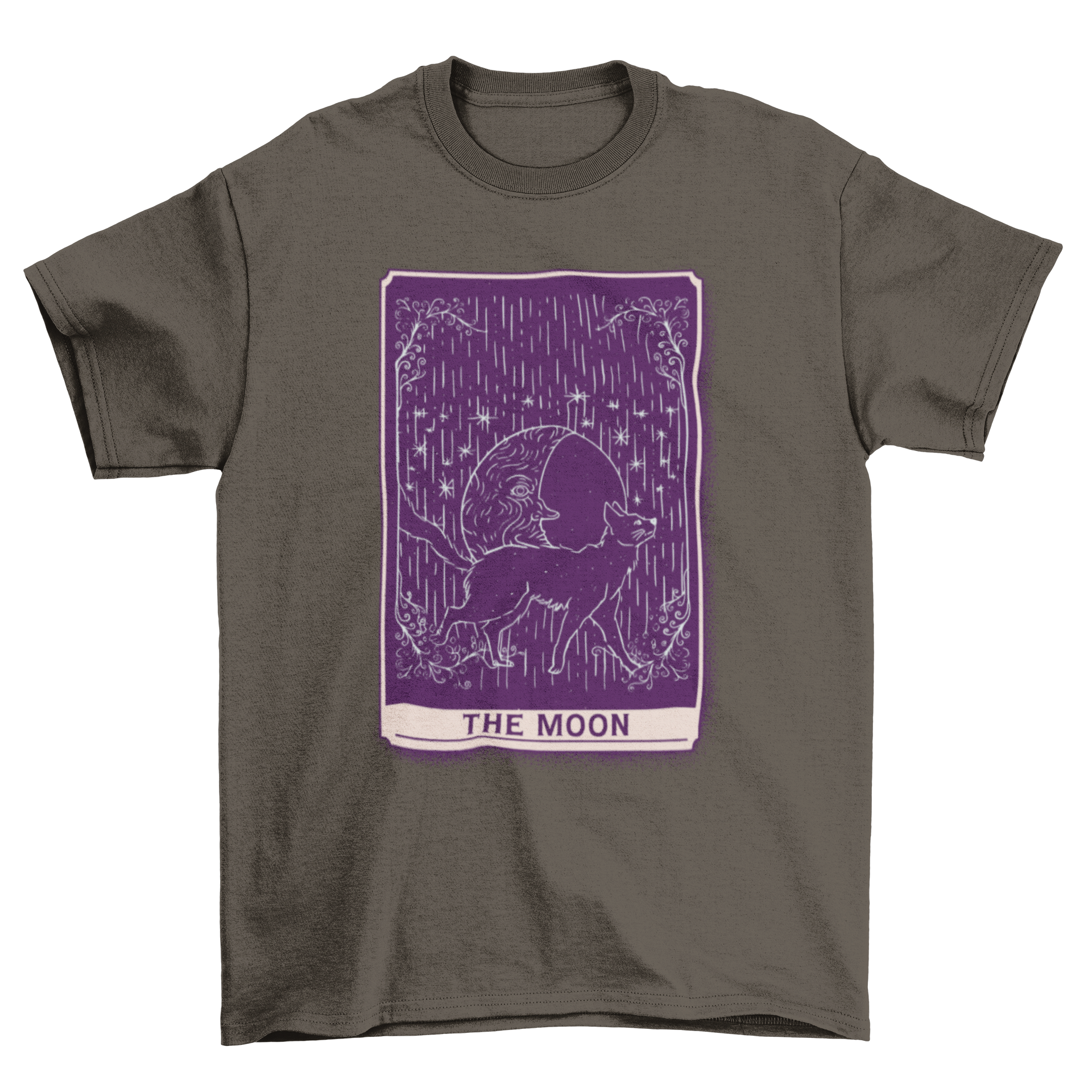 A stylish t-shirt featuring a hand-drawn cat in front of a crescent moon, inspired by tarot card designs.