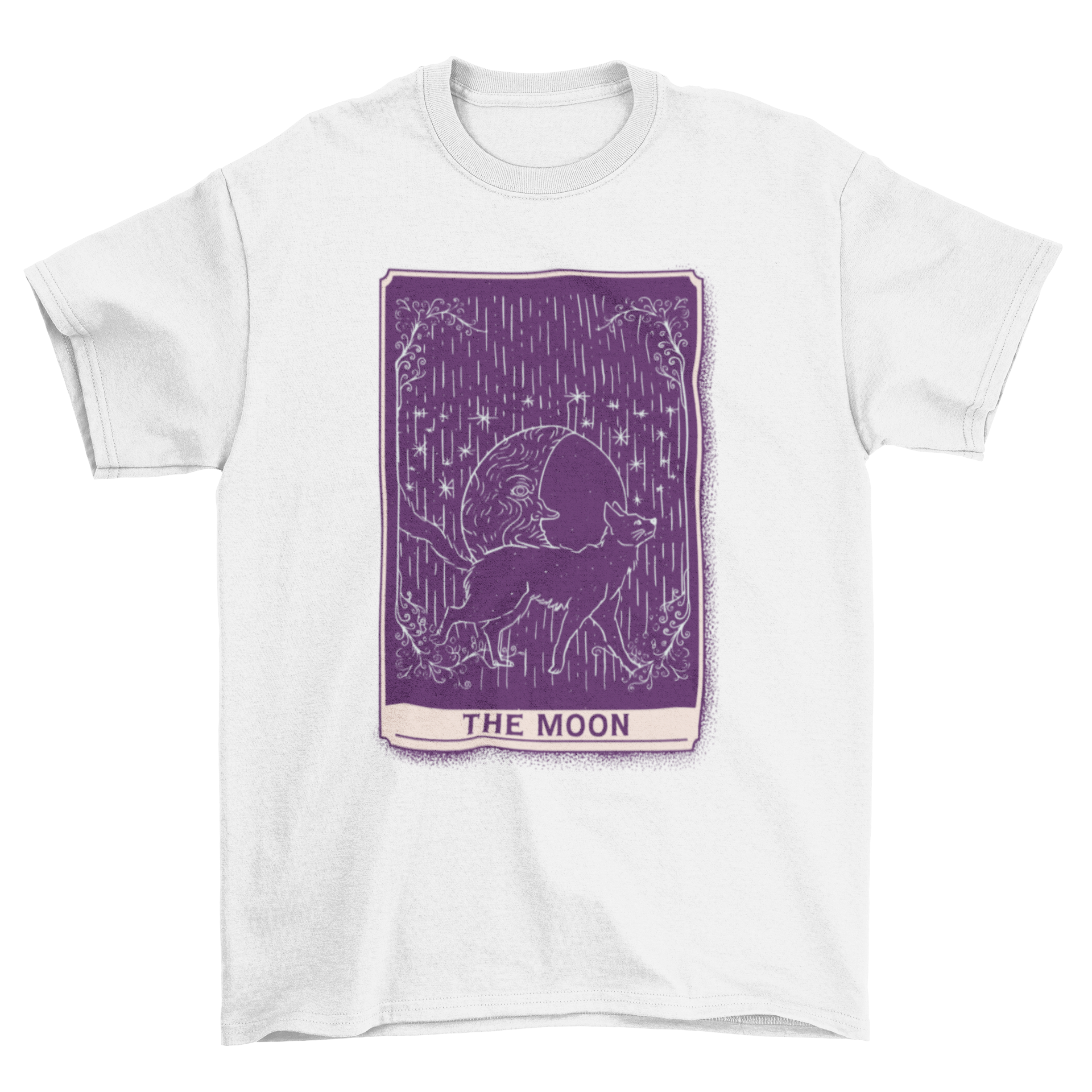 A stylish t-shirt featuring a hand-drawn cat in front of a crescent moon, inspired by tarot card designs.