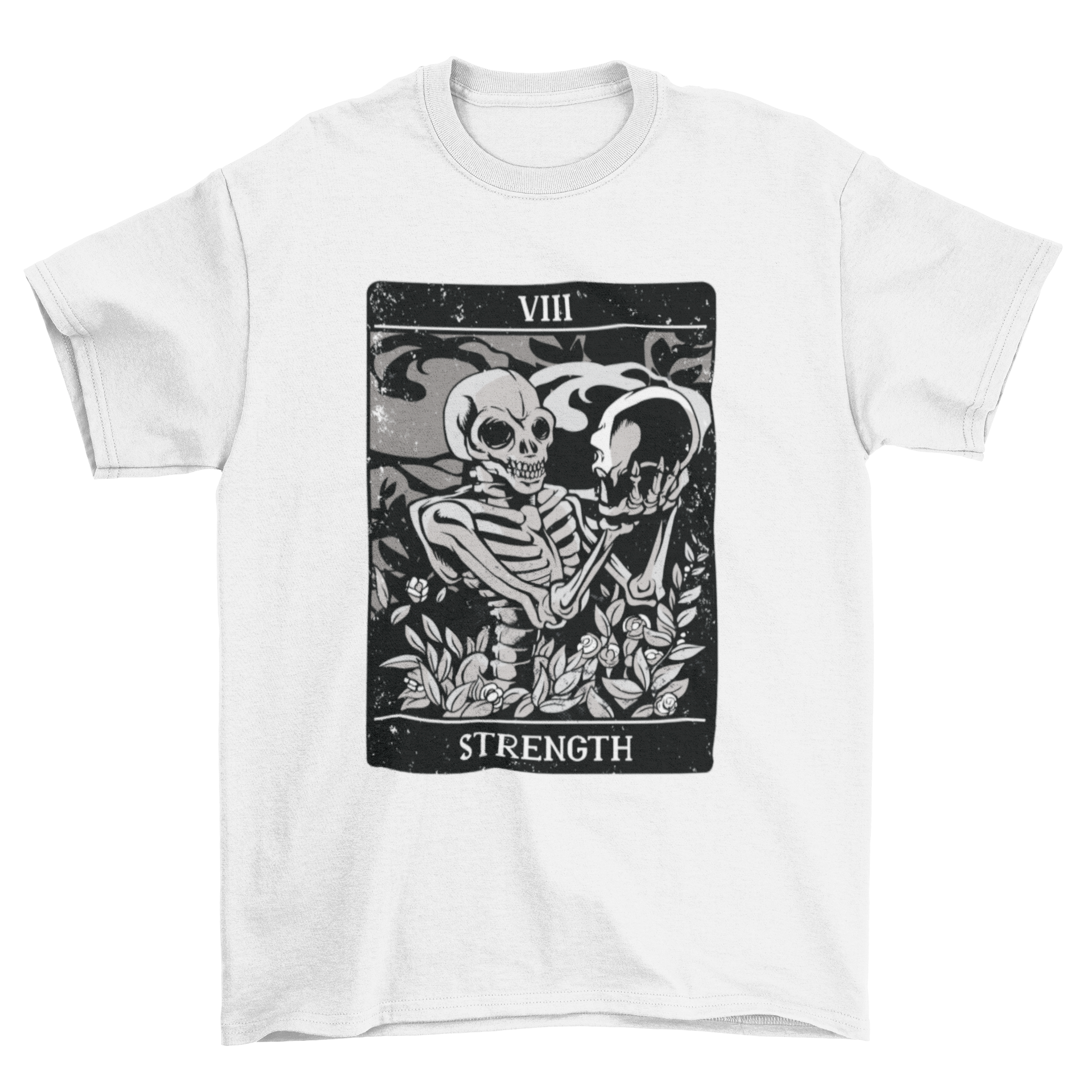 Tarot Strength Skull T-shirt featuring a skeleton illustration and the word STRENGTH, showcasing a unique tarot card design.