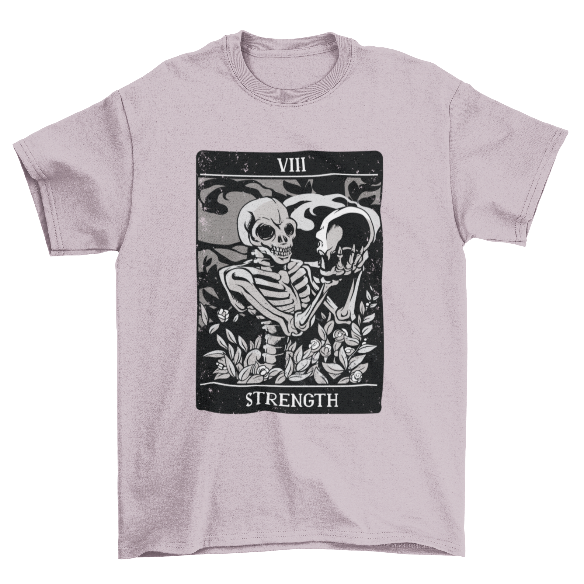 Tarot Strength Skull T-shirt featuring a skeleton illustration and the word STRENGTH, showcasing a unique tarot card design.