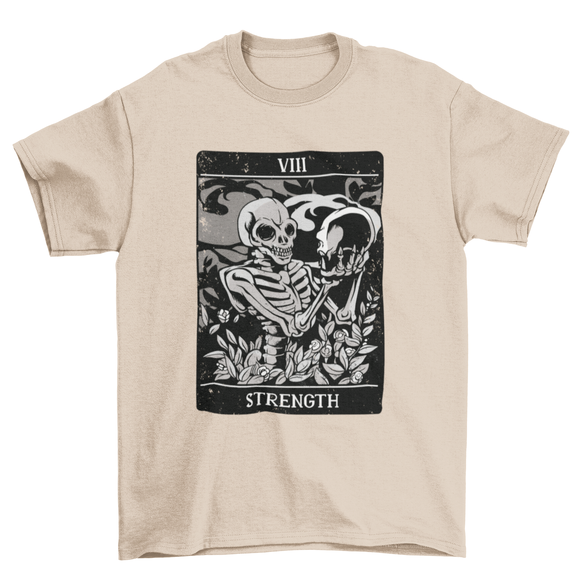 Tarot Strength Skull T-shirt featuring a skeleton illustration and the word STRENGTH, showcasing a unique tarot card design.