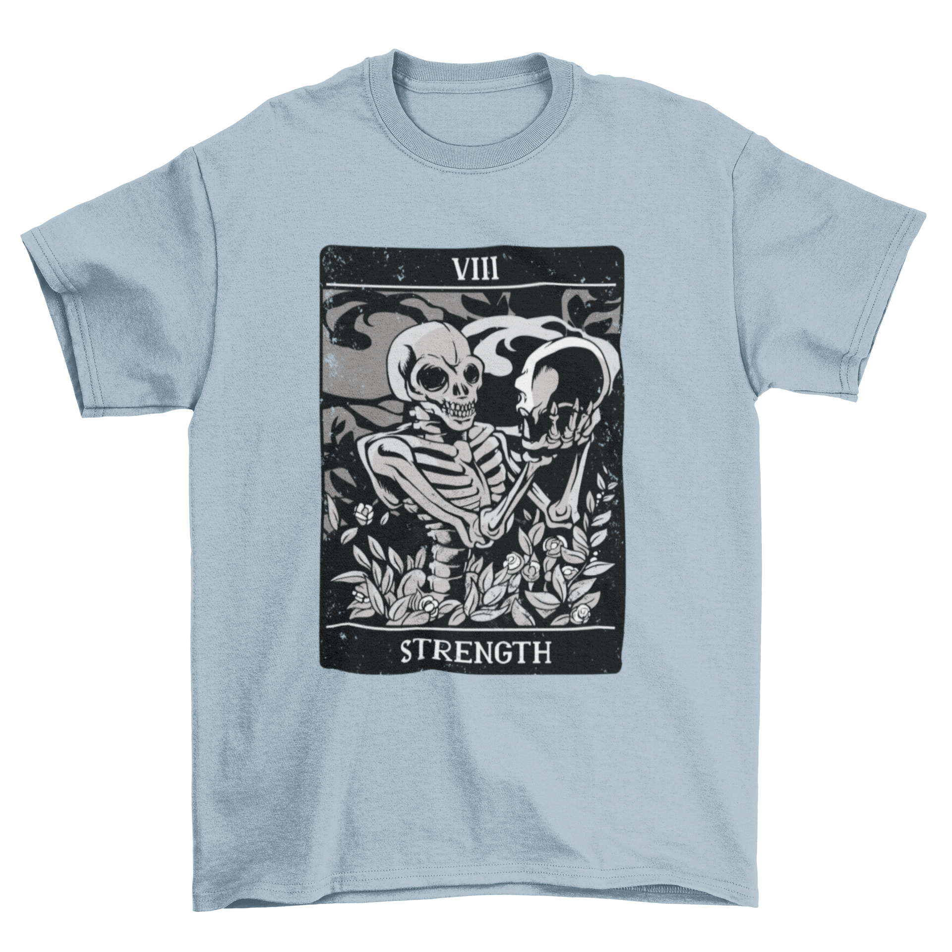 Tarot Strength Skull T-shirt featuring a skeleton illustration and the word STRENGTH, showcasing a unique tarot card design.