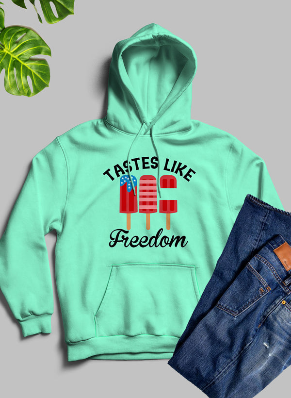 A stylish Tastes Like Freedom Hoodie featuring unique artistic designs, made from cozy fleece blend material with an adjustable hood.