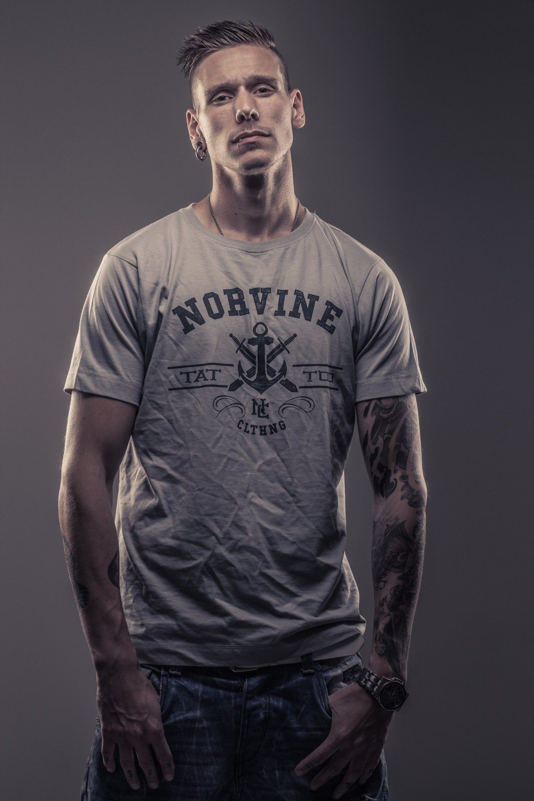 Grey premium quality Tattoo Anchor T-Shirt by Norvine featuring a stylish logo on the back, made from 100% combed cotton.