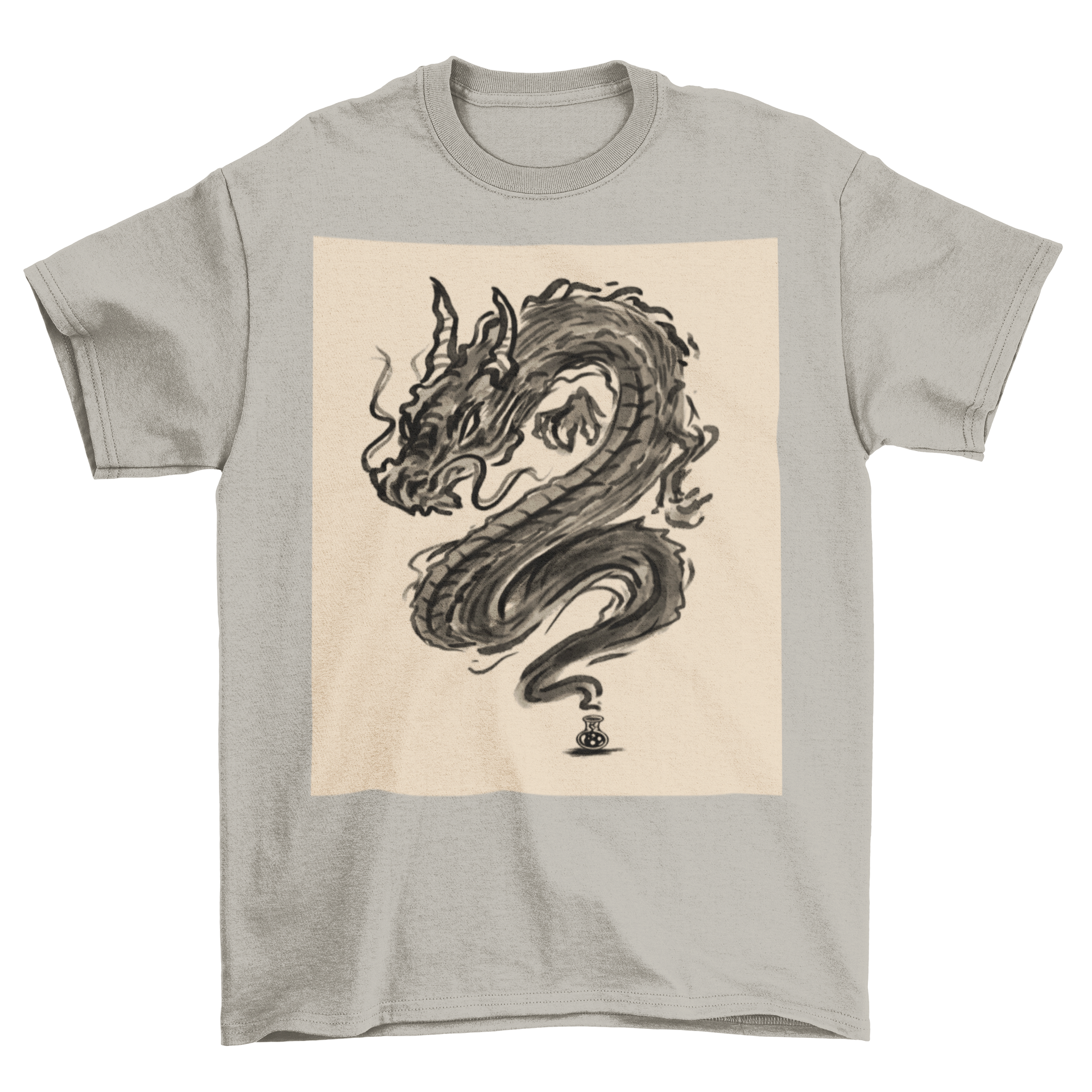 Tattoo Ink Dragon T-Shirt featuring a dragon design emerging from an ink bottle, showcasing vibrant colors and artistic details.