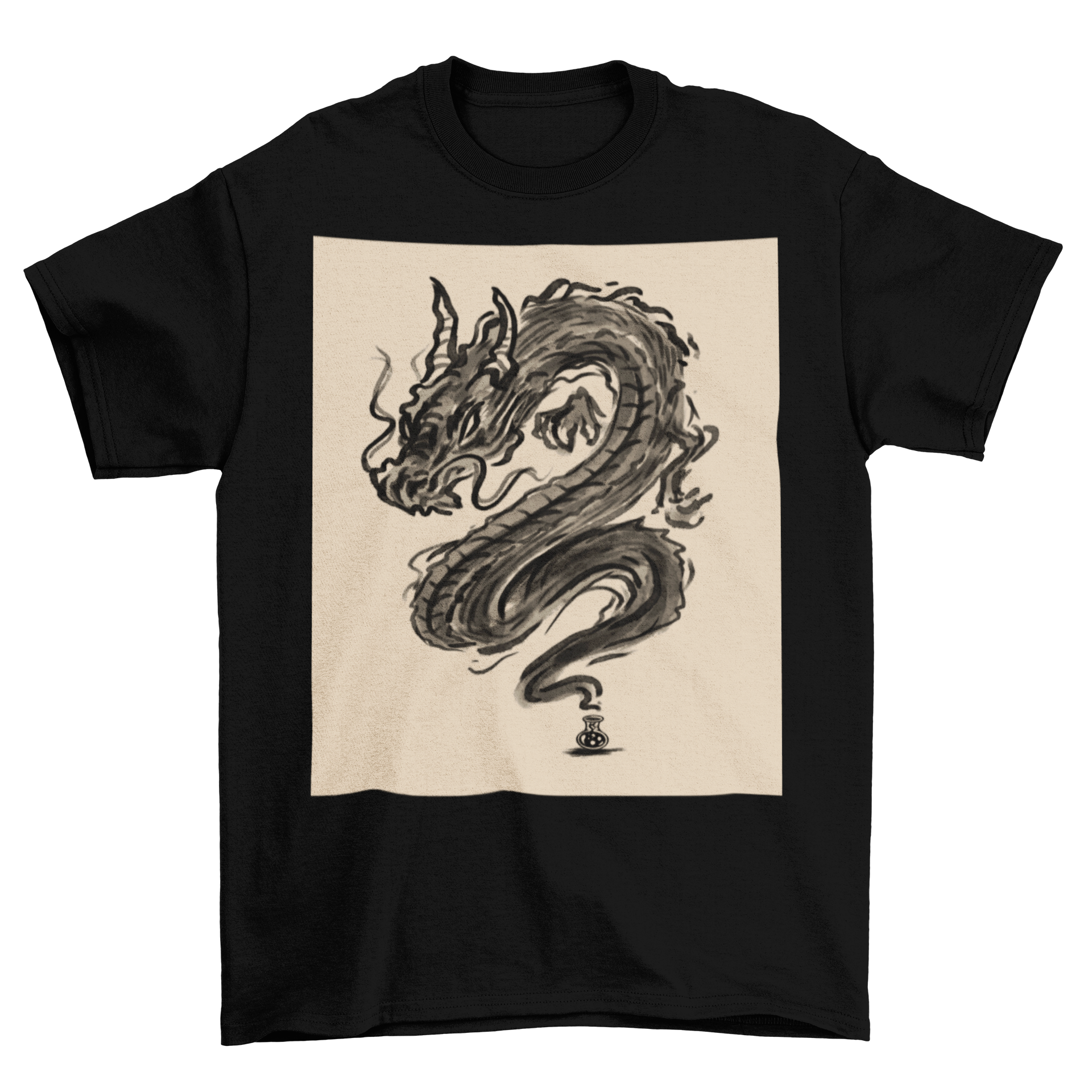 Tattoo Ink Dragon T-Shirt featuring a dragon design emerging from an ink bottle, showcasing vibrant colors and artistic details.