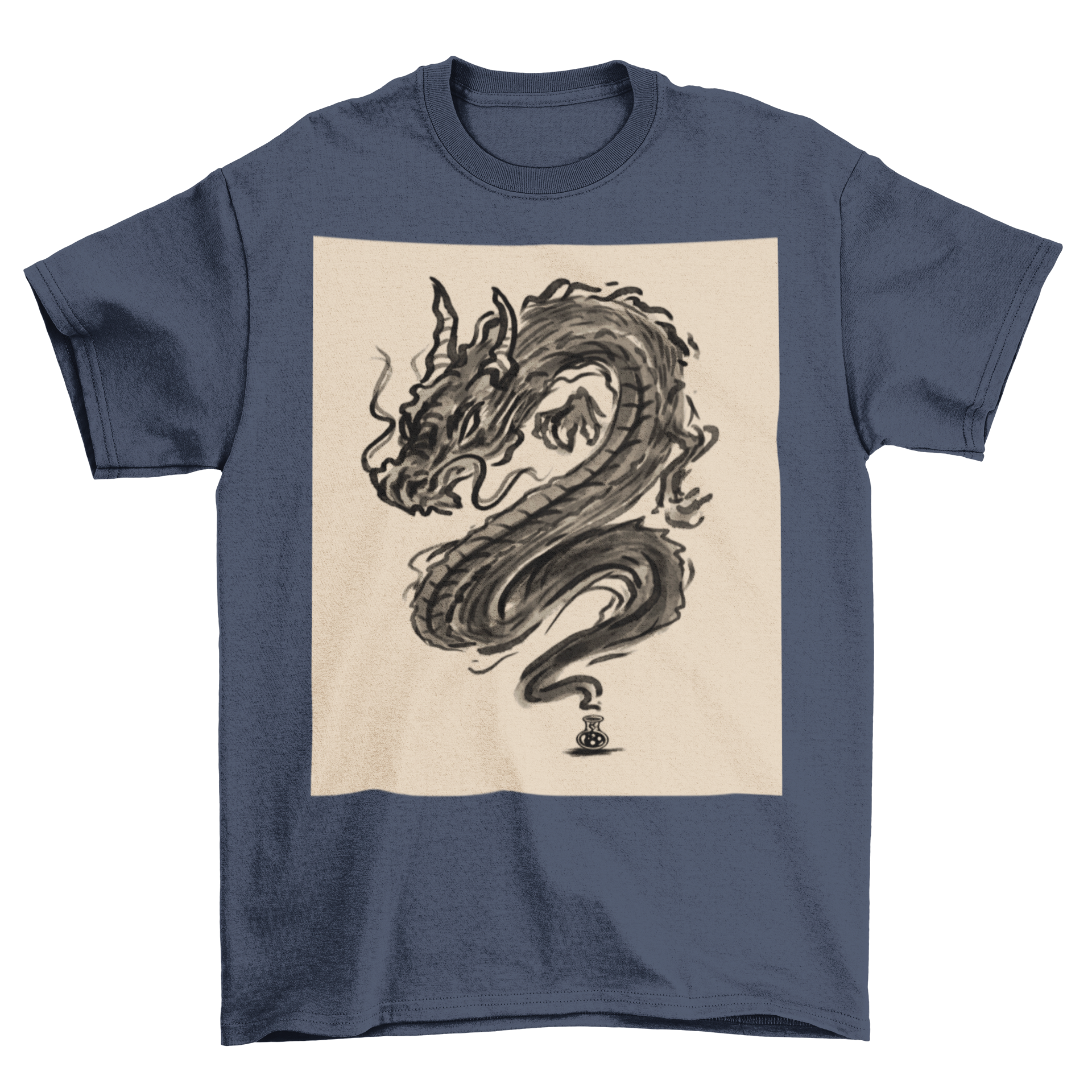 Tattoo Ink Dragon T-Shirt featuring a dragon design emerging from an ink bottle, showcasing vibrant colors and artistic details.