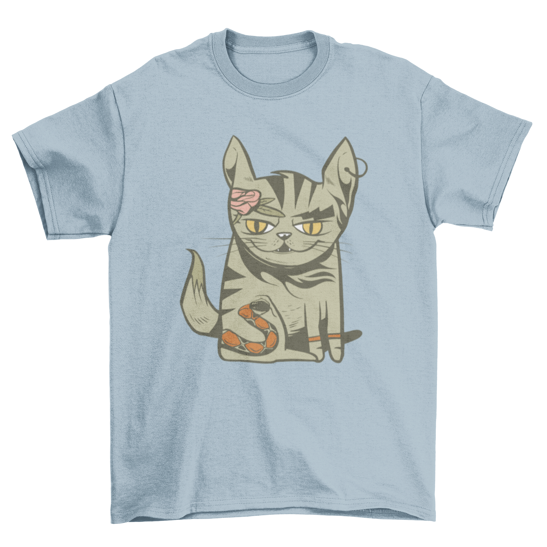 A stylish t-shirt featuring a colorful illustration of a tattooed cat, showcasing intricate designs and vibrant colors.