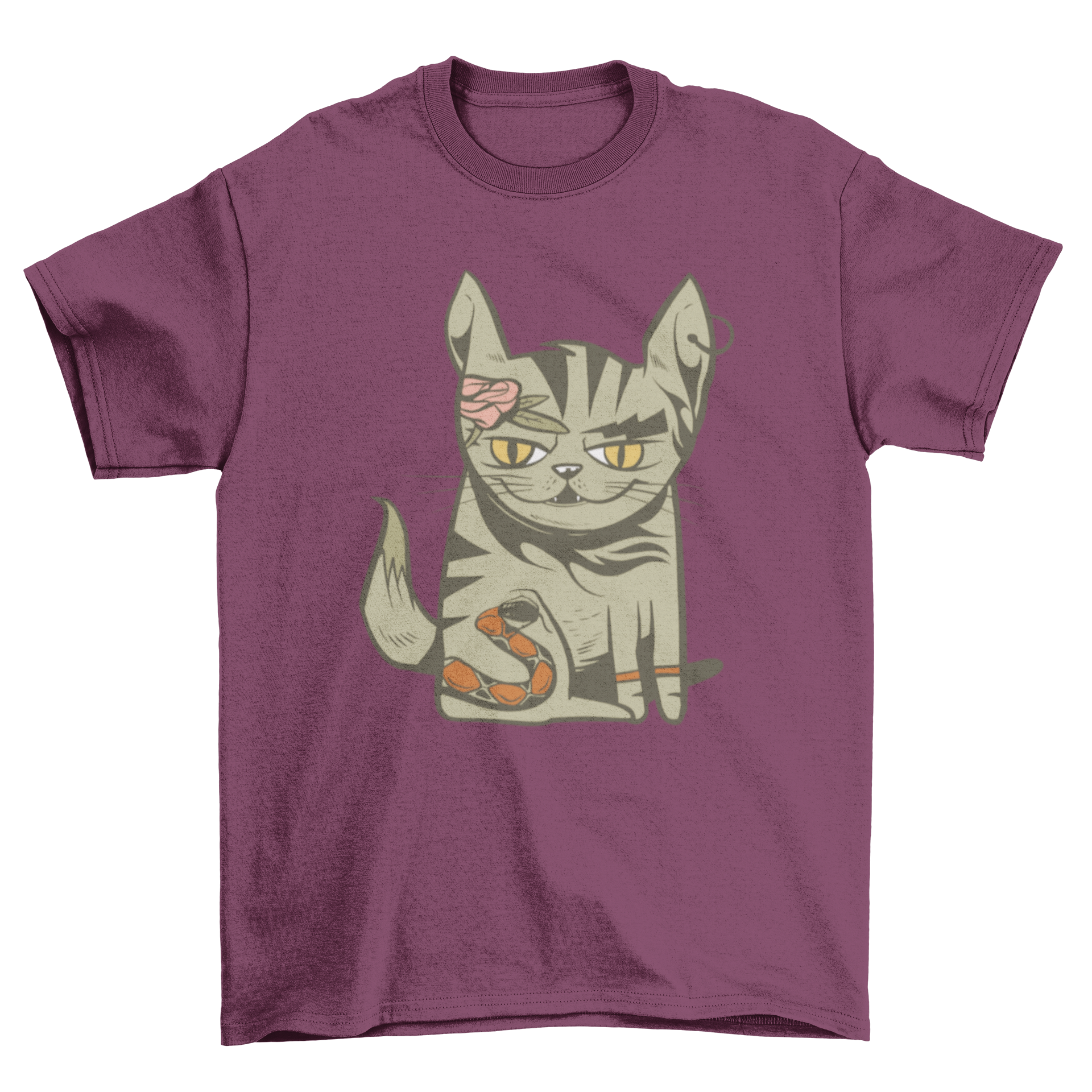 A stylish t-shirt featuring a colorful illustration of a tattooed cat, showcasing intricate designs and vibrant colors.