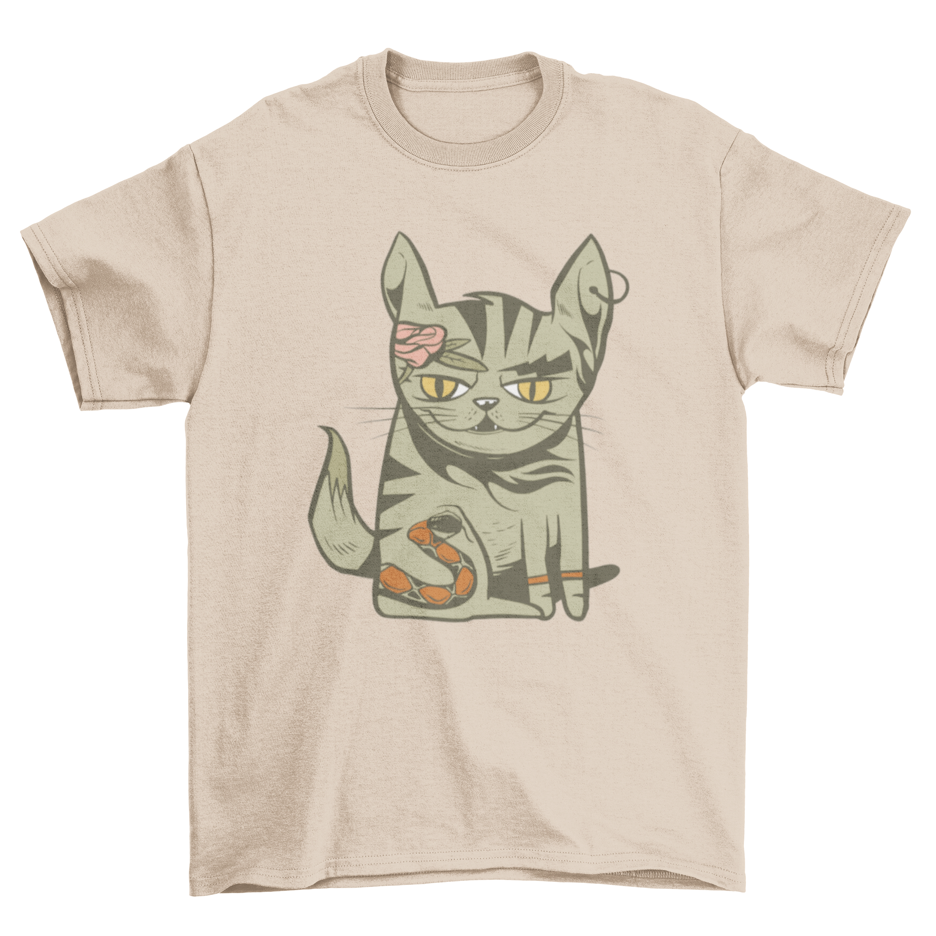 A stylish t-shirt featuring a colorful illustration of a tattooed cat, showcasing intricate designs and vibrant colors.