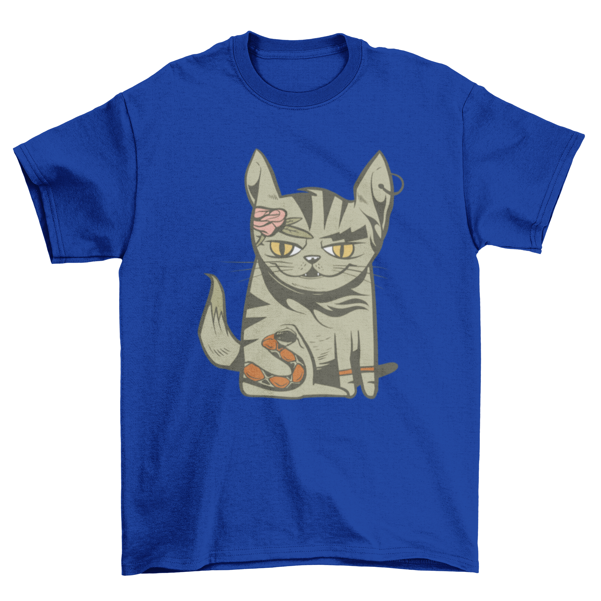 A stylish t-shirt featuring a colorful illustration of a tattooed cat, showcasing intricate designs and vibrant colors.