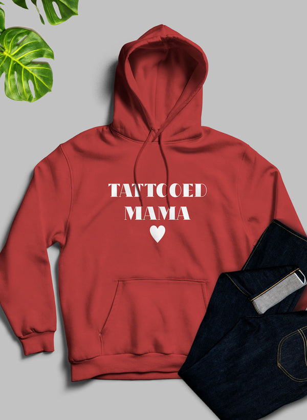 Tattooed Mama Hoodie featuring unique artistic designs, cozy fleece lining, and adjustable hood.