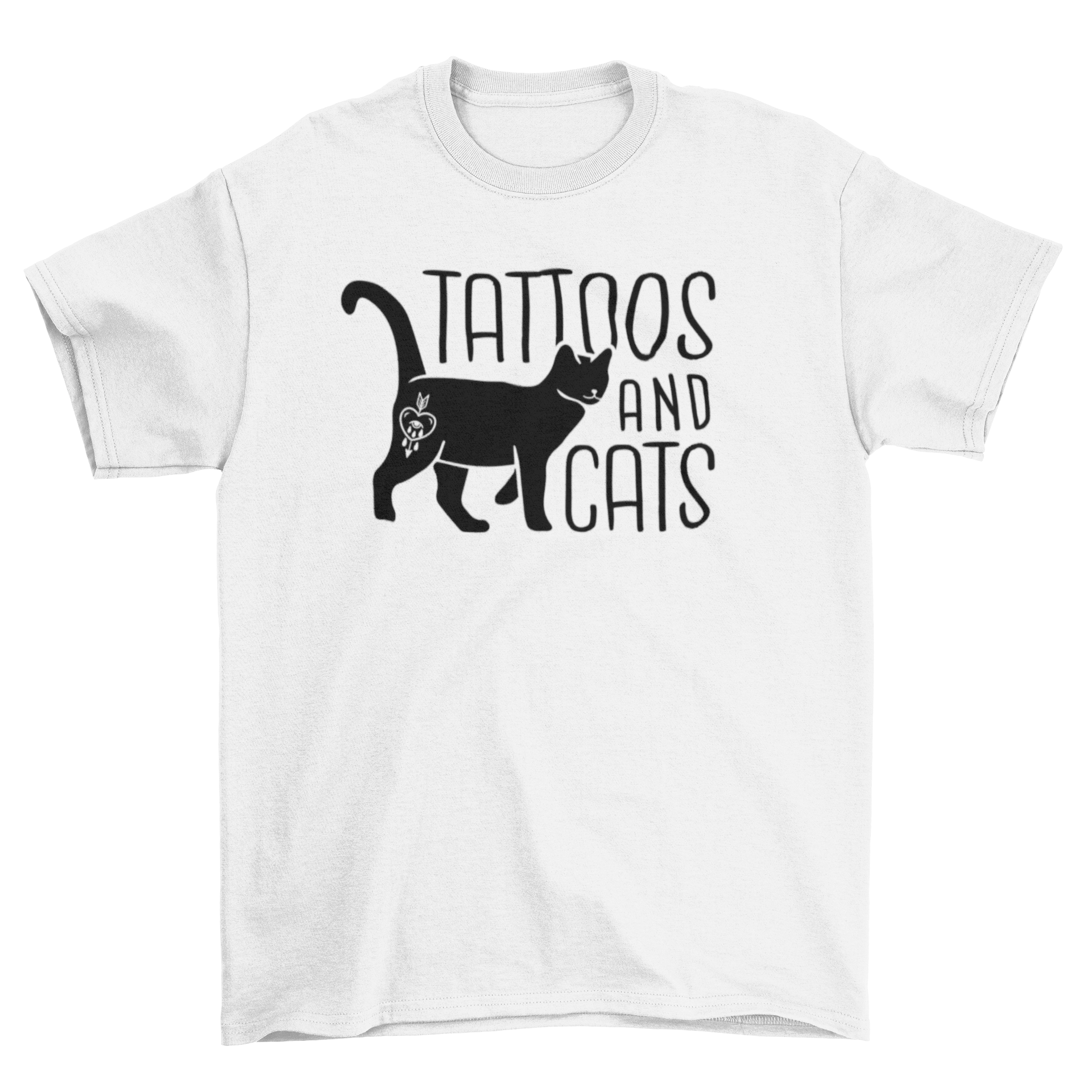 A stylish t-shirt featuring the quote 'Tattoos and Cats' with a black car and heart tattoo design.