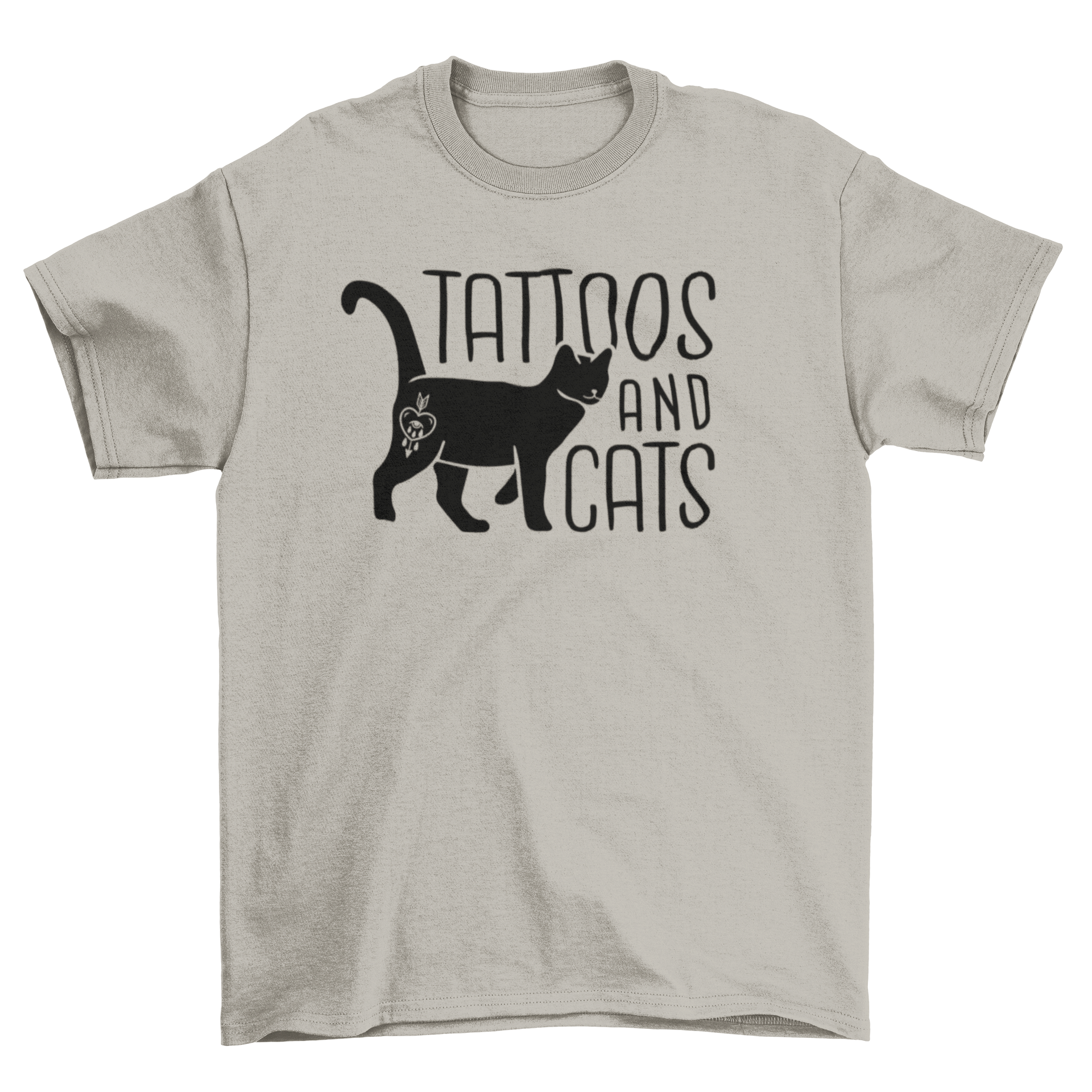 A stylish t-shirt featuring the quote 'Tattoos and Cats' with a black car and heart tattoo design.