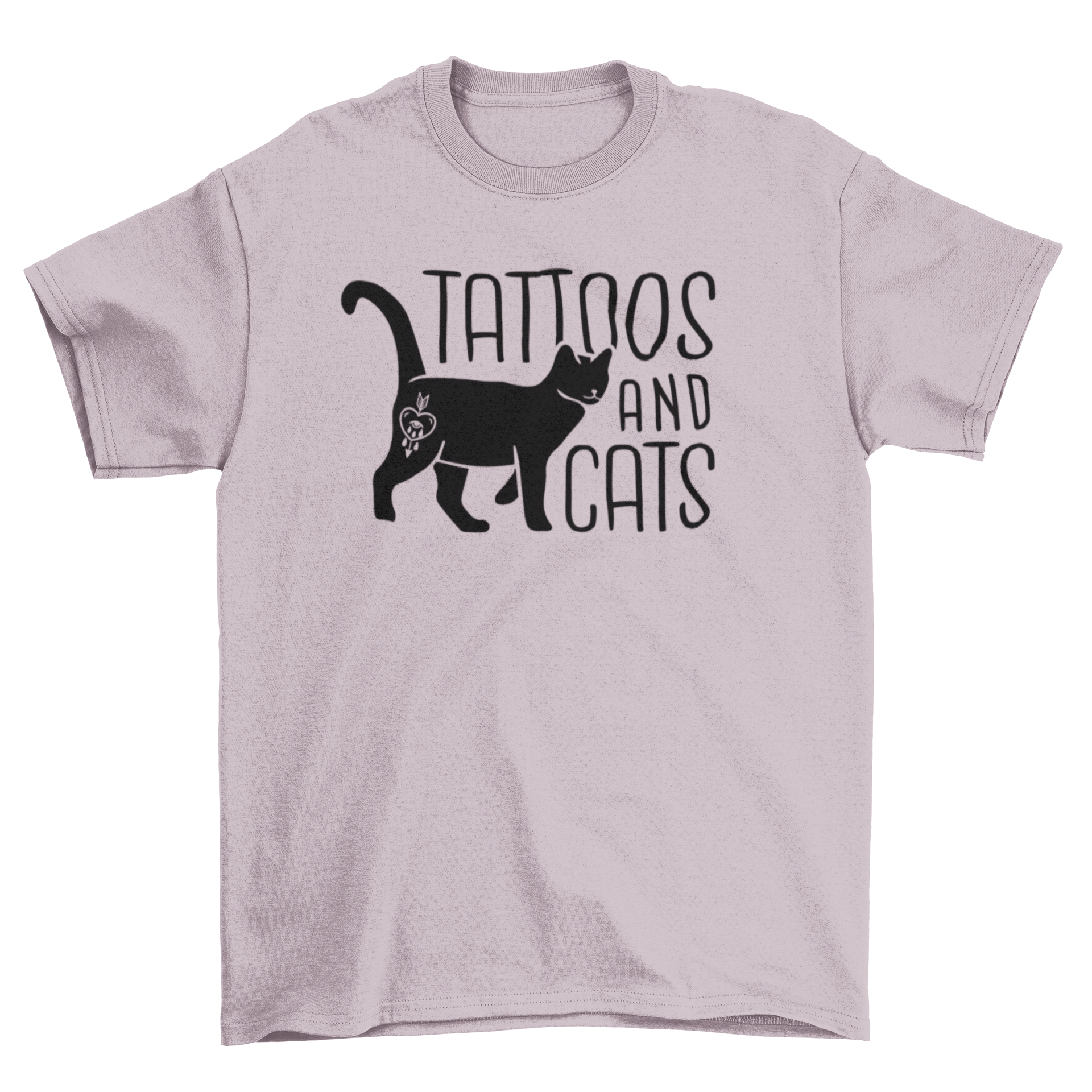 A stylish t-shirt featuring the quote 'Tattoos and Cats' with a black car and heart tattoo design.