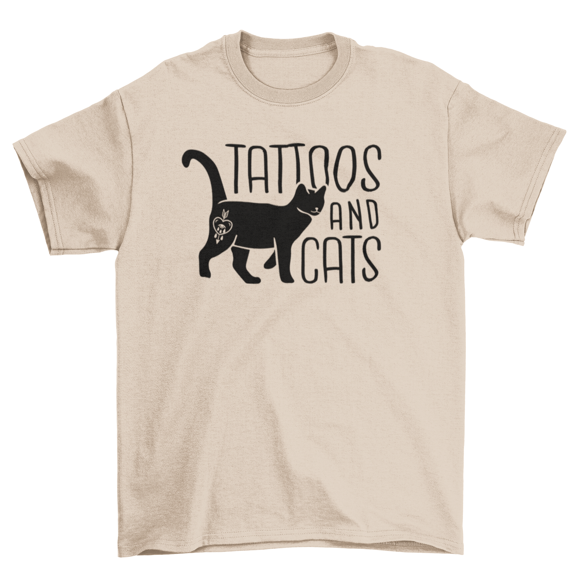 A stylish t-shirt featuring the quote 'Tattoos and Cats' with a black car and heart tattoo design.