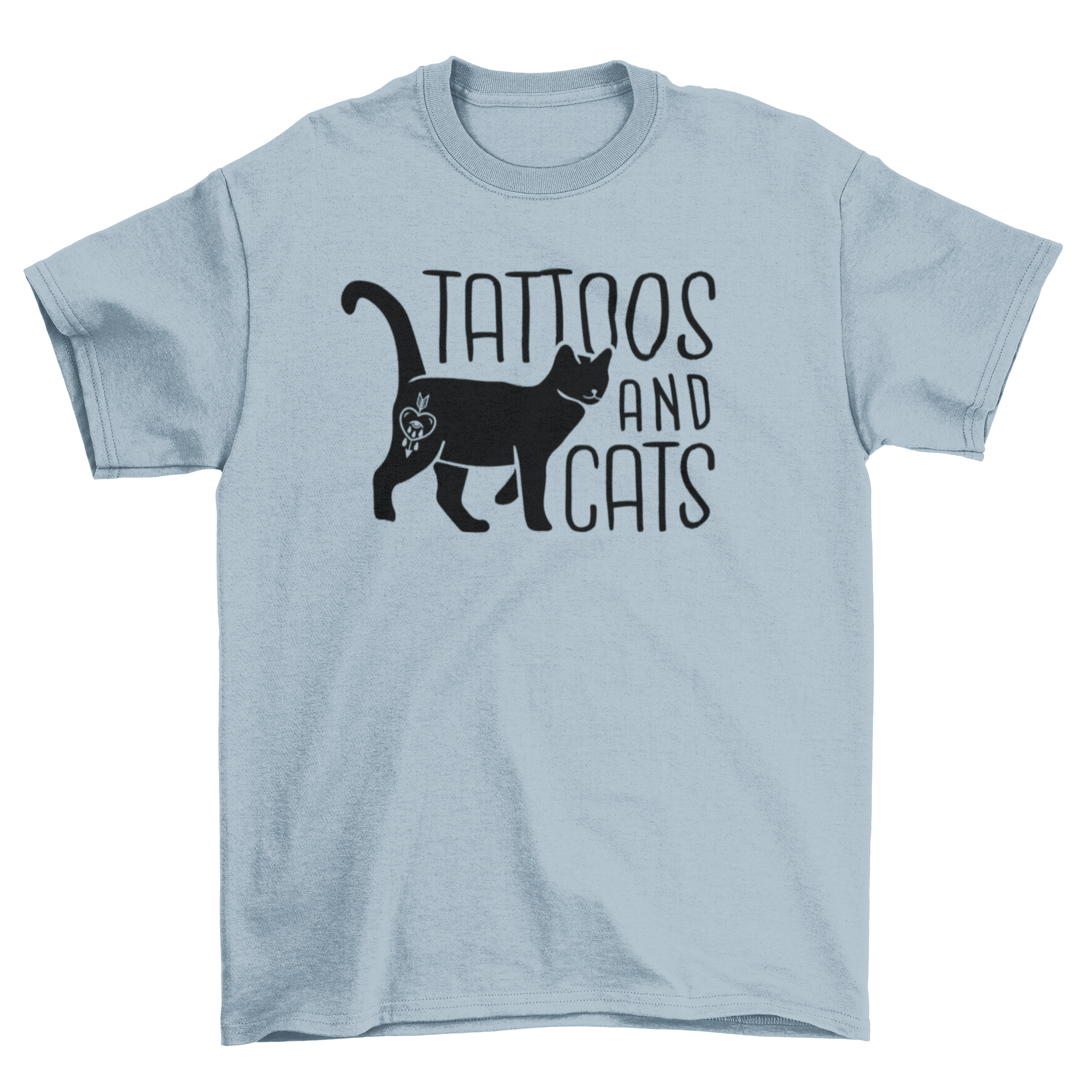 A stylish t-shirt featuring the quote 'Tattoos and Cats' with a black car and heart tattoo design.