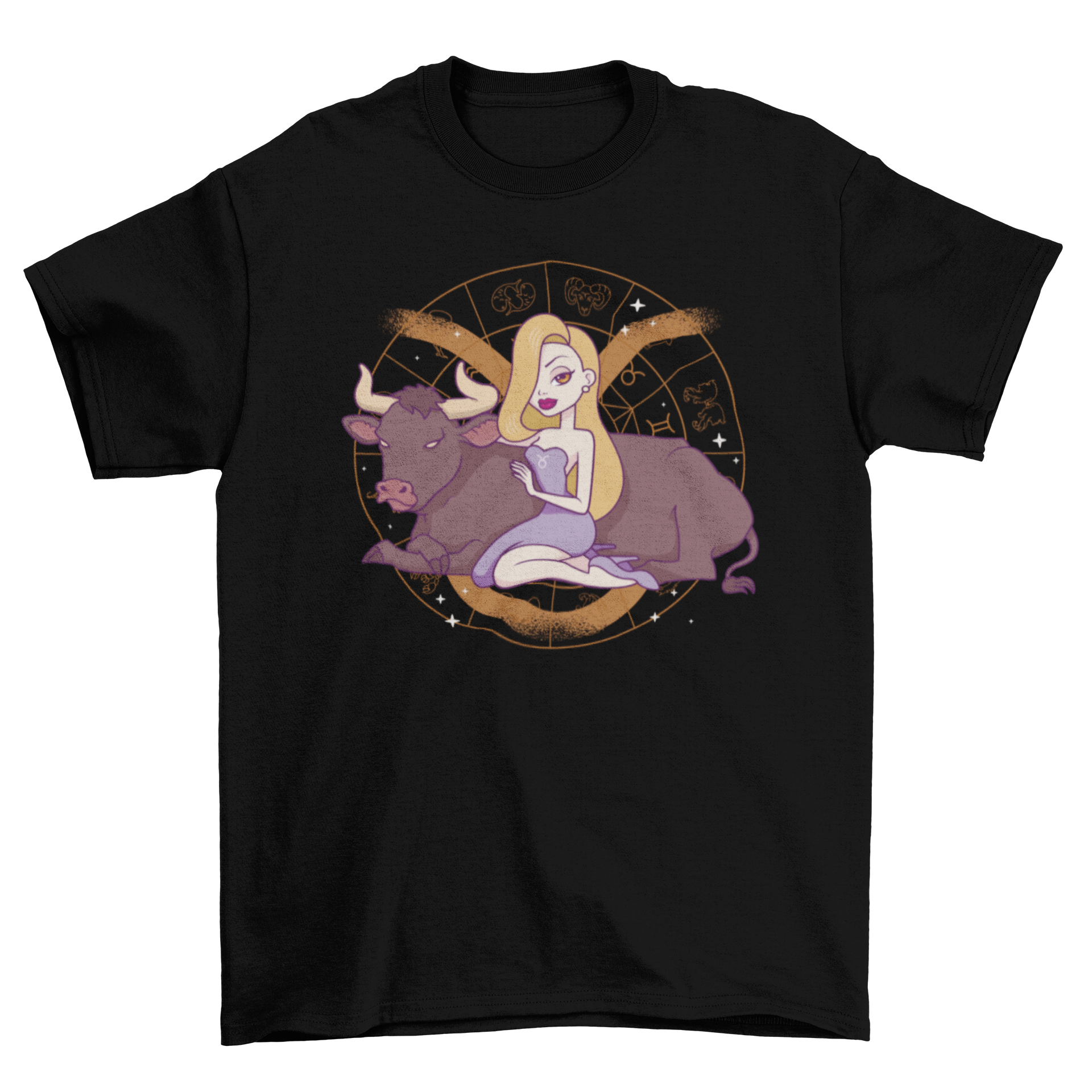 A stylish Taurus pin-up girl t-shirt featuring a vibrant design of a pin-up girl with a bull, representing the Taurus zodiac sign.