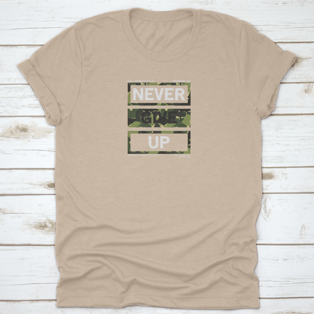 A stylish Tee Print Vector Design featuring a camouflage texture, made from 100% cotton, showcasing its classic fit and midweight fabric.