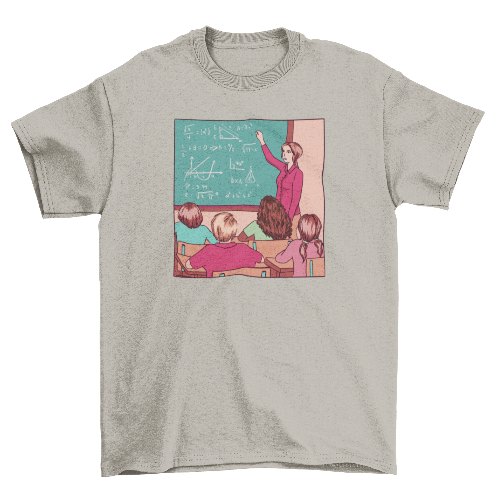 A stylish t-shirt featuring a female teacher writing math formulas on a blackboard with chalk.