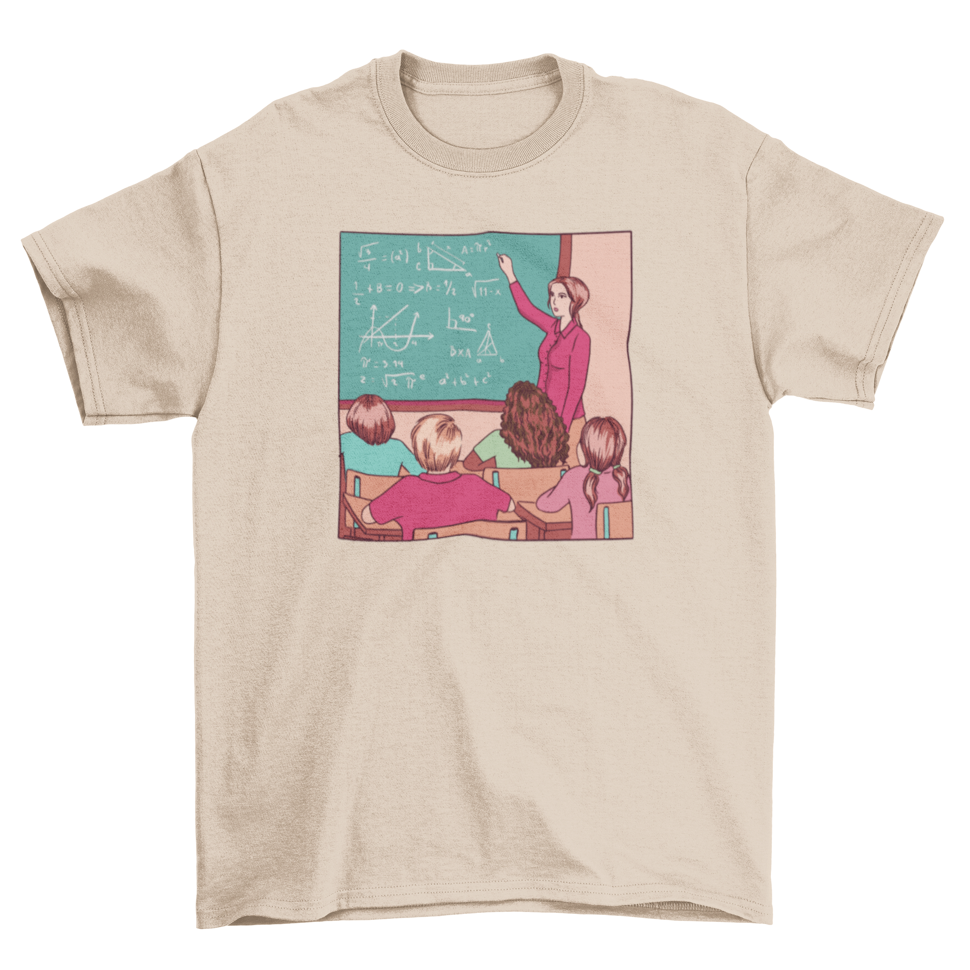 A stylish t-shirt featuring a female teacher writing math formulas on a blackboard with chalk.