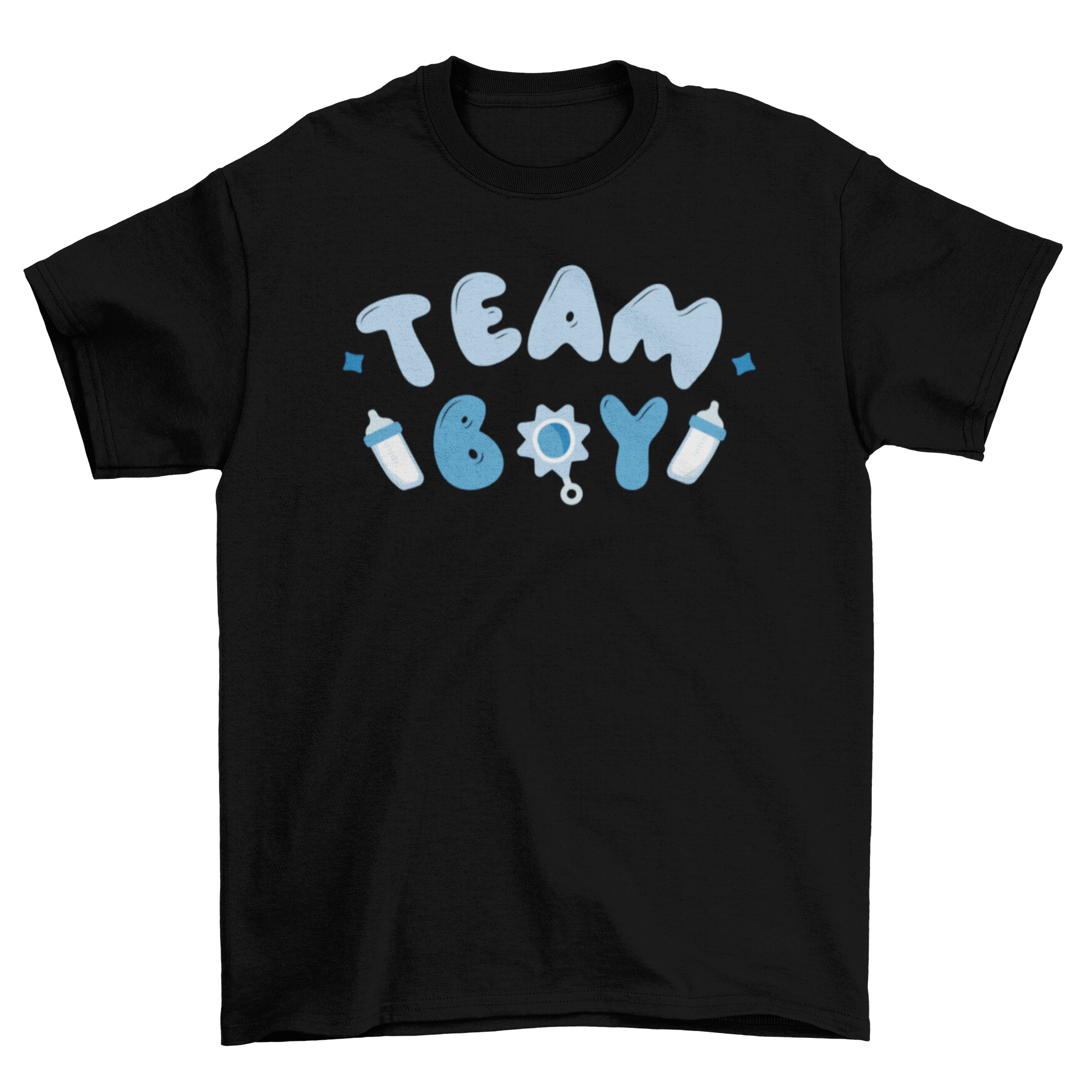 A cute Team Boy gender reveal t-shirt featuring playful lettering and graphics of a toy and feeding bottles.