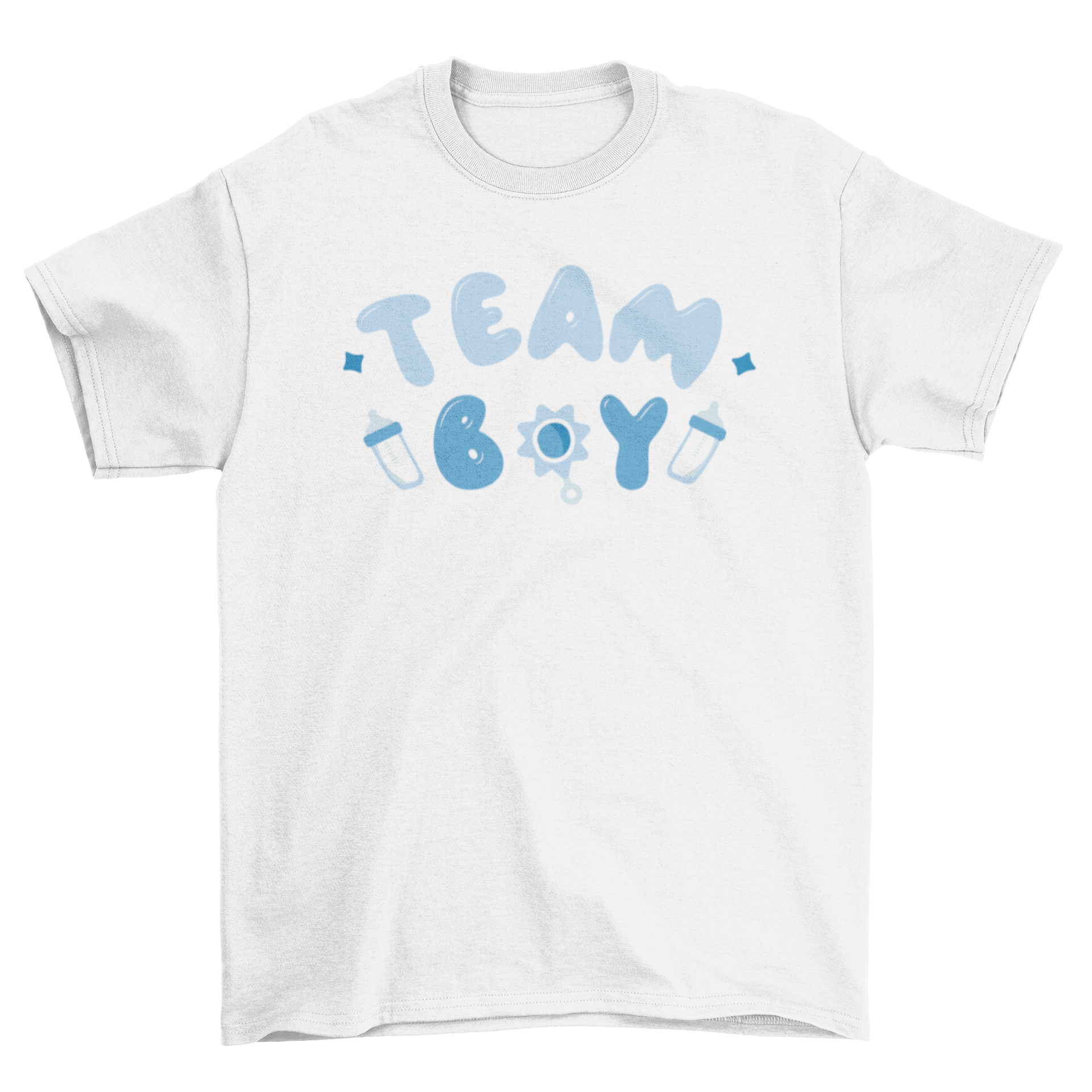 A cute Team Boy gender reveal t-shirt featuring playful lettering and graphics of a toy and feeding bottles.