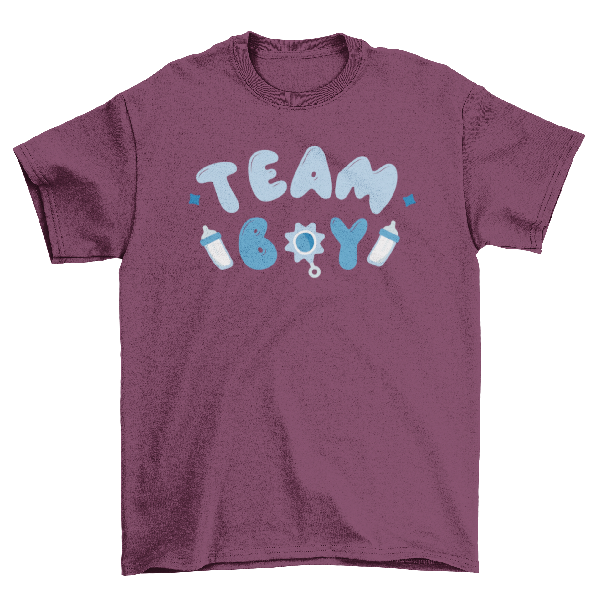 A cute Team Boy gender reveal t-shirt featuring playful lettering and graphics of a toy and feeding bottles.