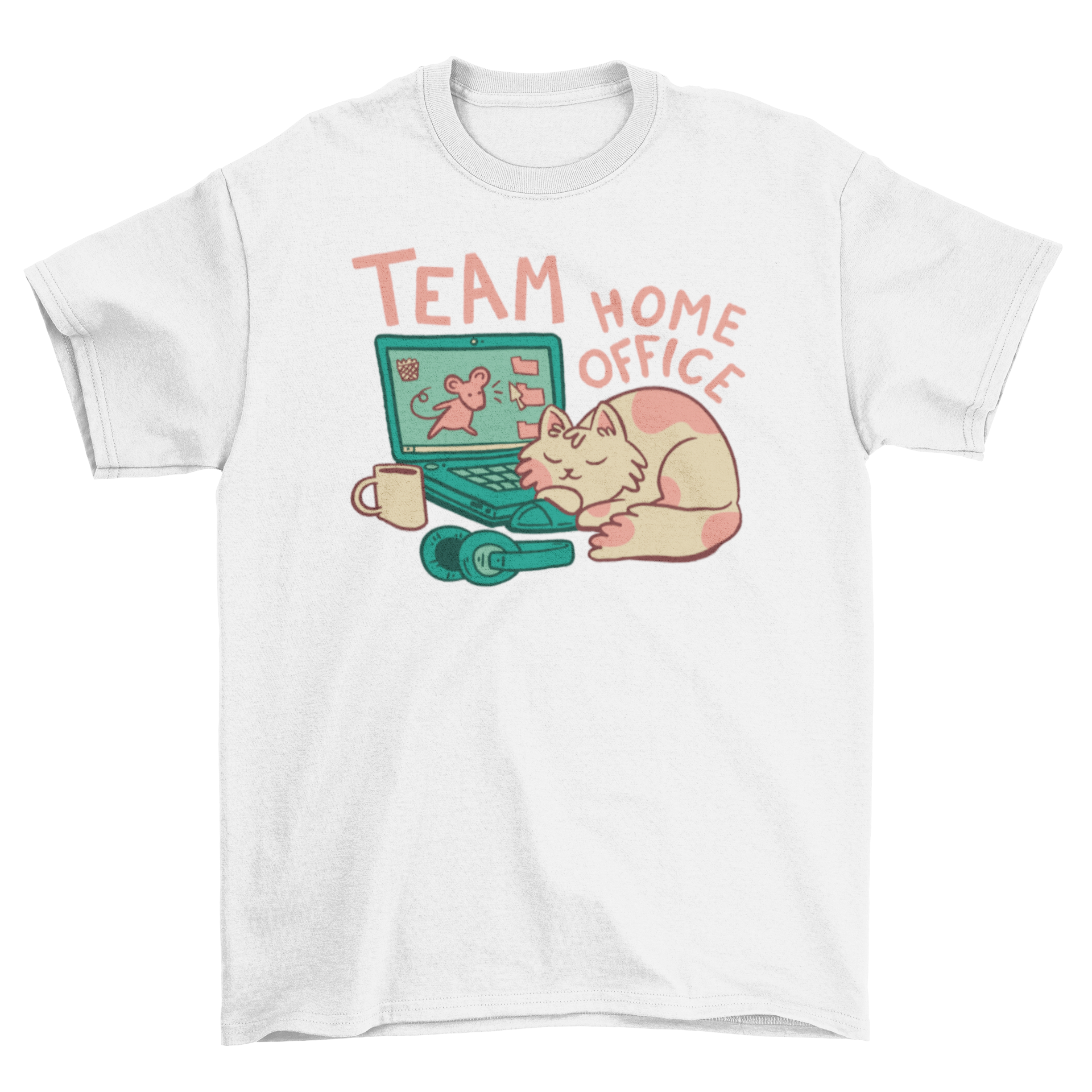 A cozy t-shirt featuring a sleeping cat next to a laptop with the caption 'Team Home Office'.