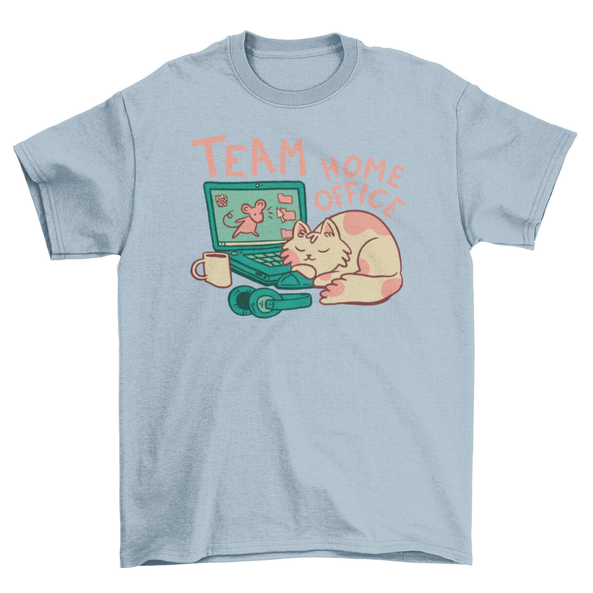 A cozy t-shirt featuring a sleeping cat next to a laptop with the caption 'Team Home Office'.