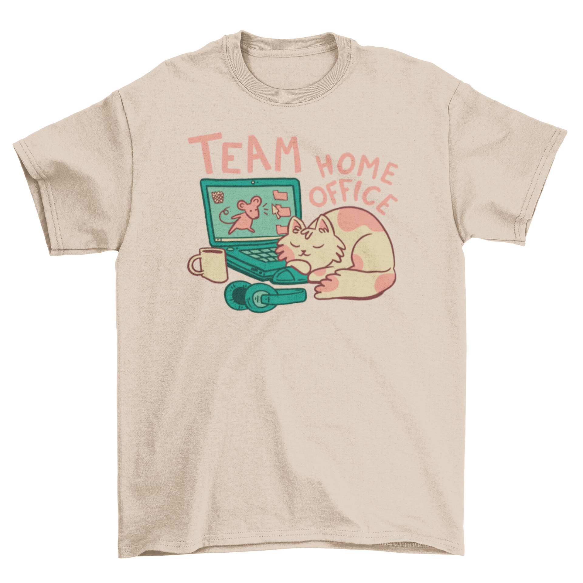 A cozy t-shirt featuring a sleeping cat next to a laptop with the caption 'Team Home Office'.