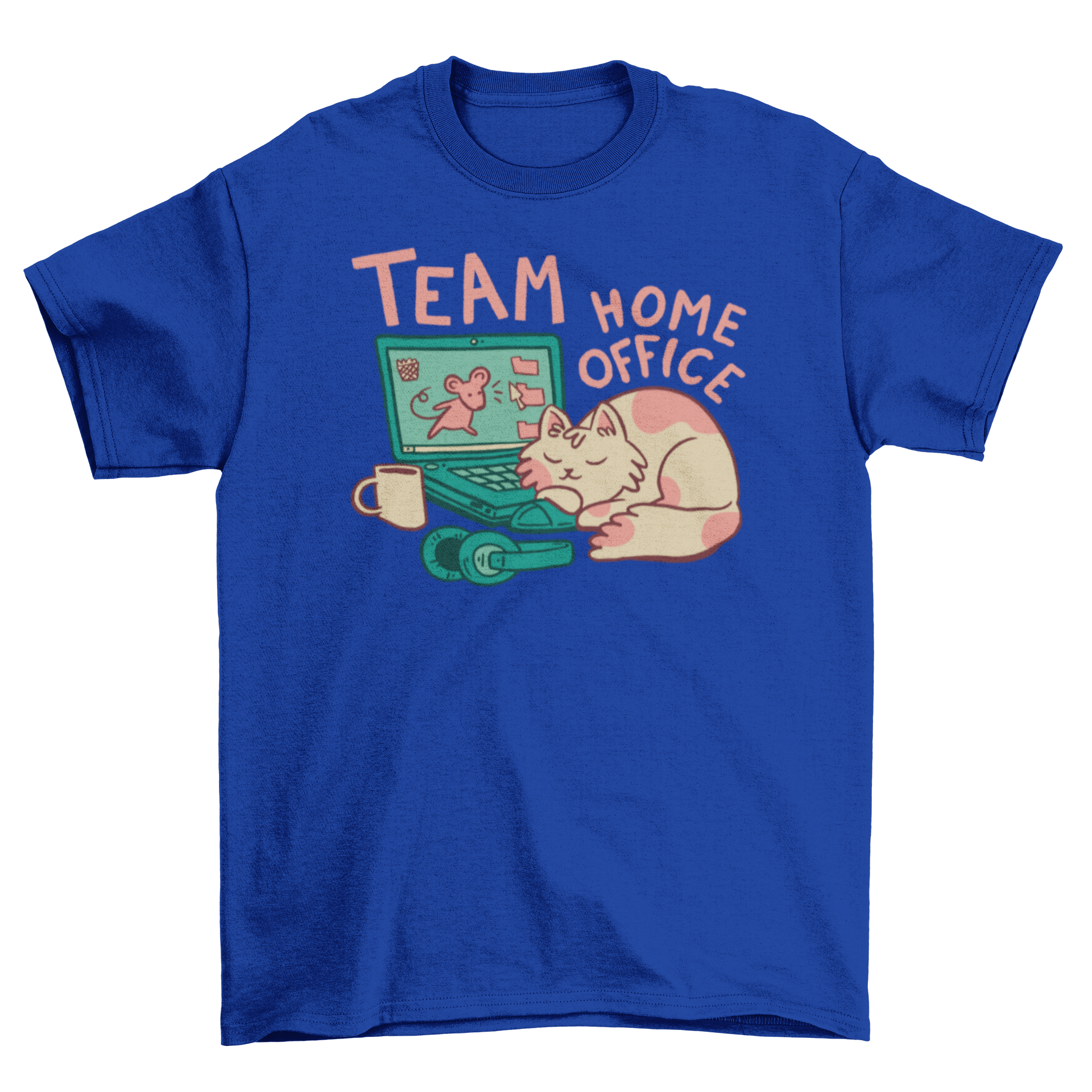 A cozy t-shirt featuring a sleeping cat next to a laptop with the caption 'Team Home Office'.